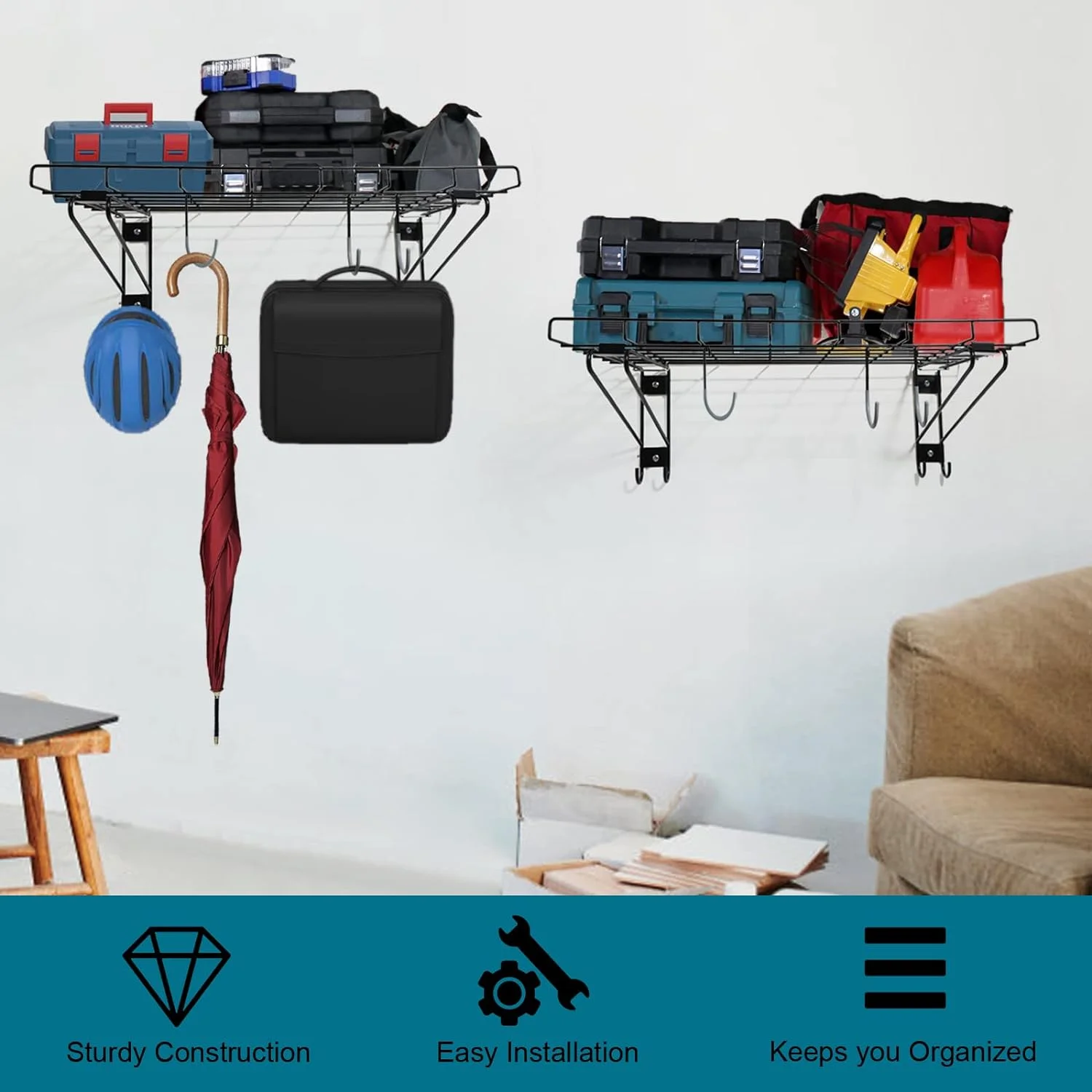 Garage Wall Shelving,2-Pack 1.5x3 ft,Includes 6 Bike Hooks,Garage Wall-Mounted Shelving,Garage Wall Shelving Heavy Duty,300 lbs Weight Capacity (Black)