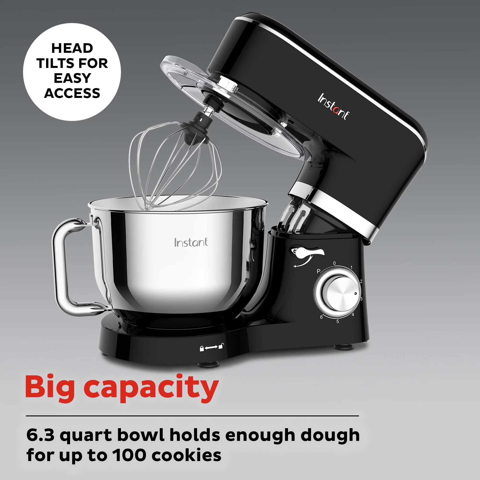 Instant 6.3 Qt Stand Mixer 400W with Whisk, Paddle and Dough Hook Accessories, Black