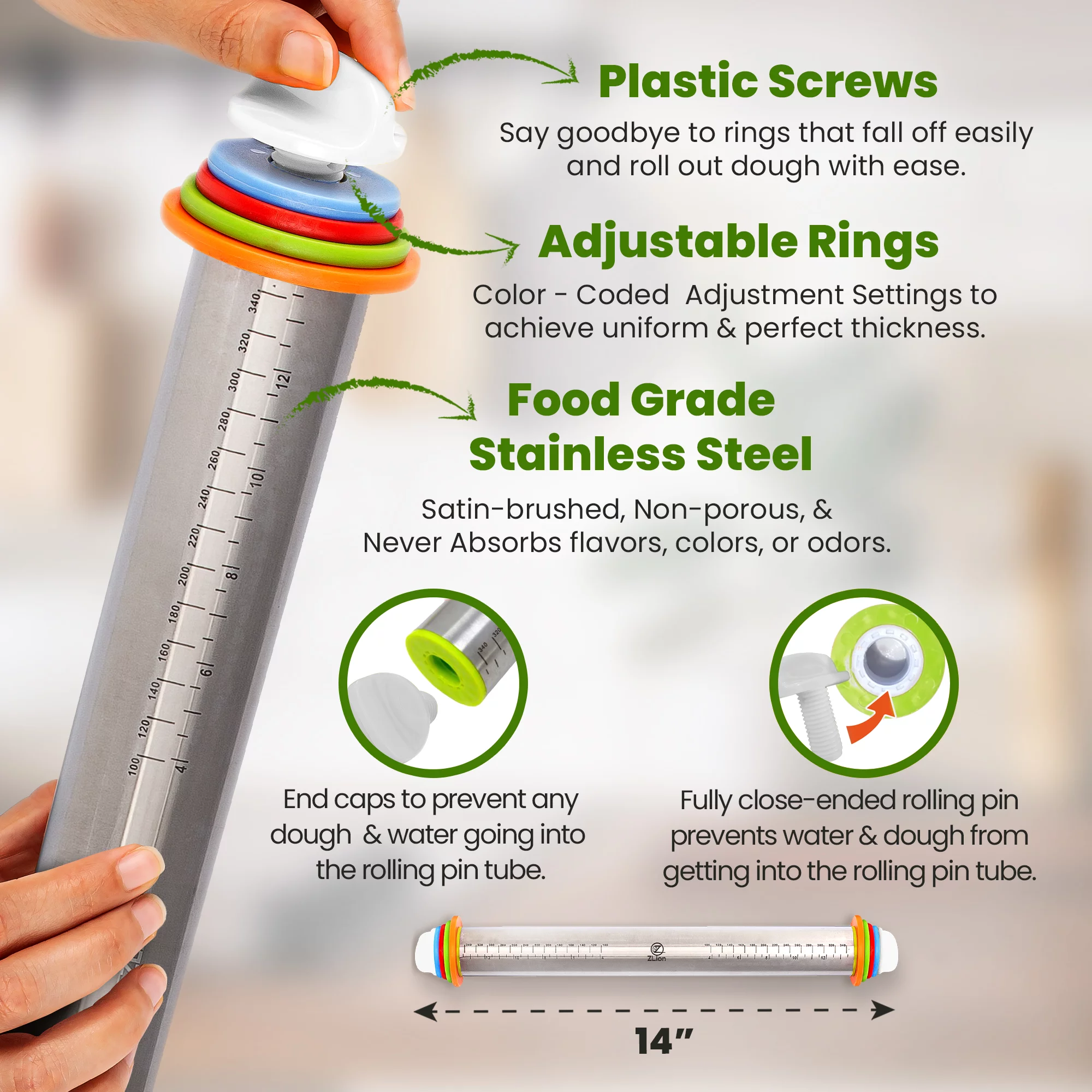 Zlion Stainless Steel Rolling Pin with Thickness Rings and Silicone Mat - Stainless Steel and Corrosion-Resistant Adjustable rolling pin- Rolling Pins for Baking Pizza, Dough, Pastry, Fondant, Pasta