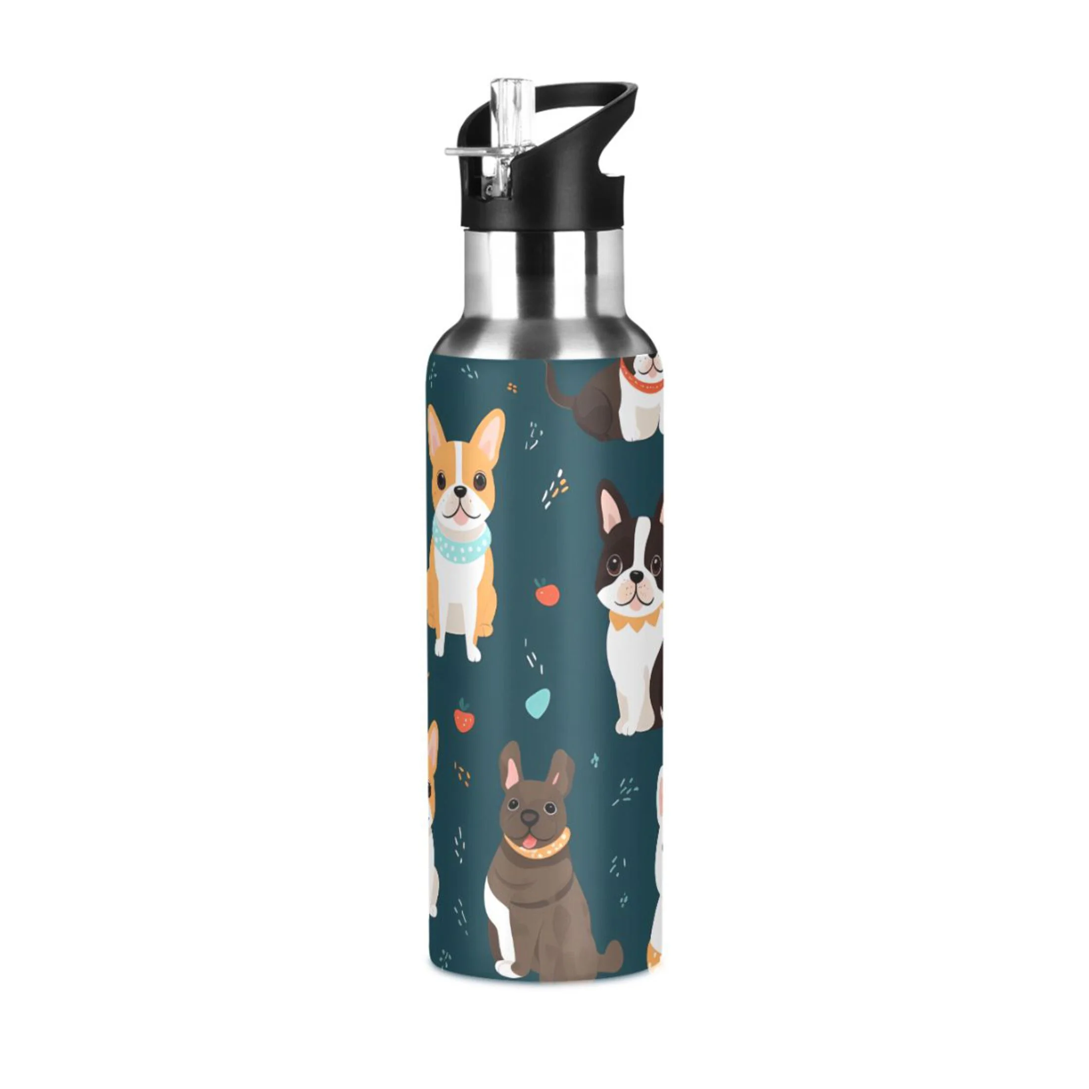 Cartoon French Bulldog Water Bottles Insulated Thermos Kids Stainless Steel Bottle with Straw Lid Flask Leakproof for Sports Gym 20 oz