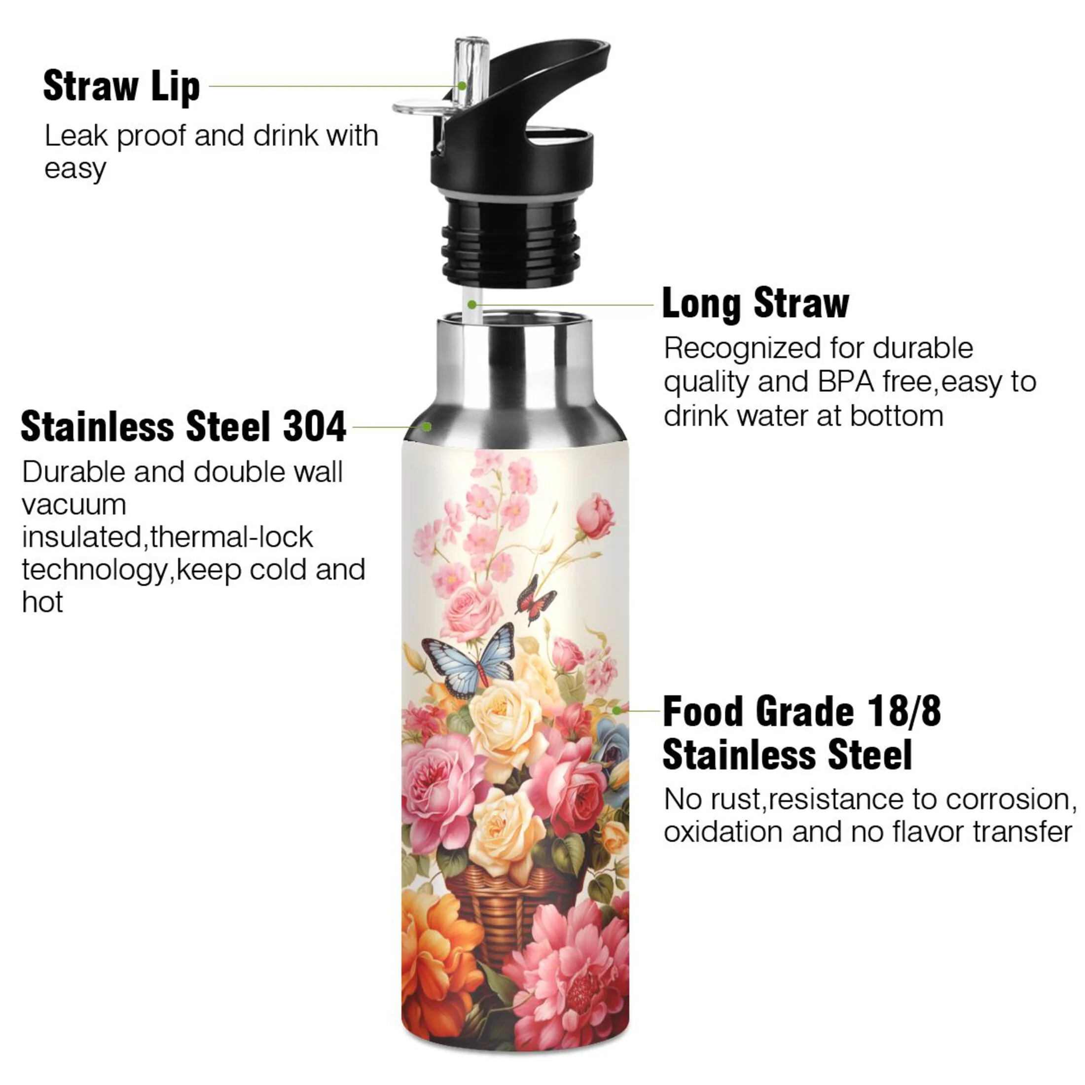 Butterflies on Beautiful Flowers Water Bottles Insulated Thermos Kids Stainless Steel Bottle with Straw Lid Flask Leakproof for Sports Gym 20 oz