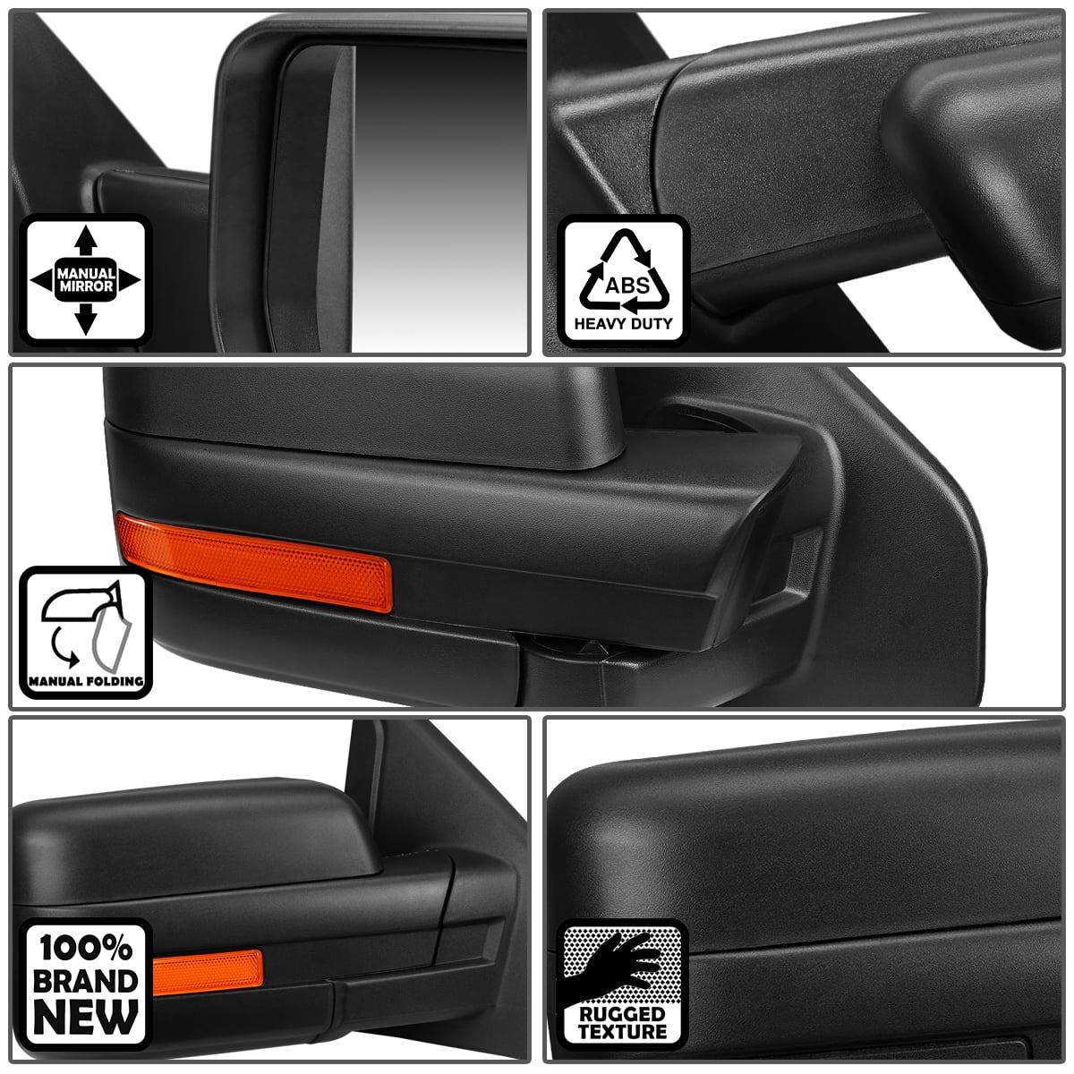 DNA Motoring TWM-019-T222-BK-R For 2004 to 2014 Ford F150 Black Textured Telescoping Manual Folding Side Towing Mirror (Right / Passenger)