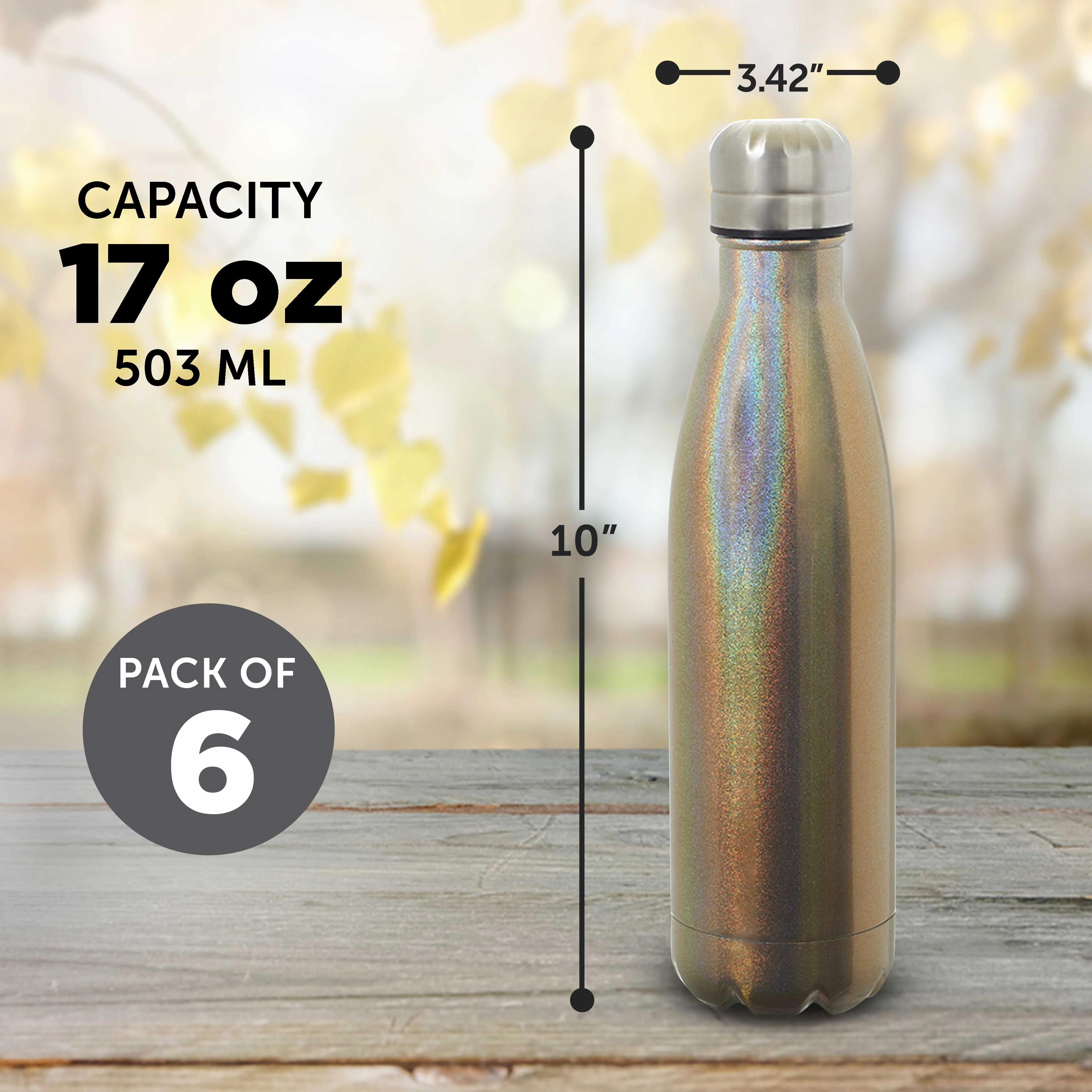 6 Iridescent Insulated Water Bottles Set, 17 oz. - Spill Proof, Double Wall, BPA Free - Gold
