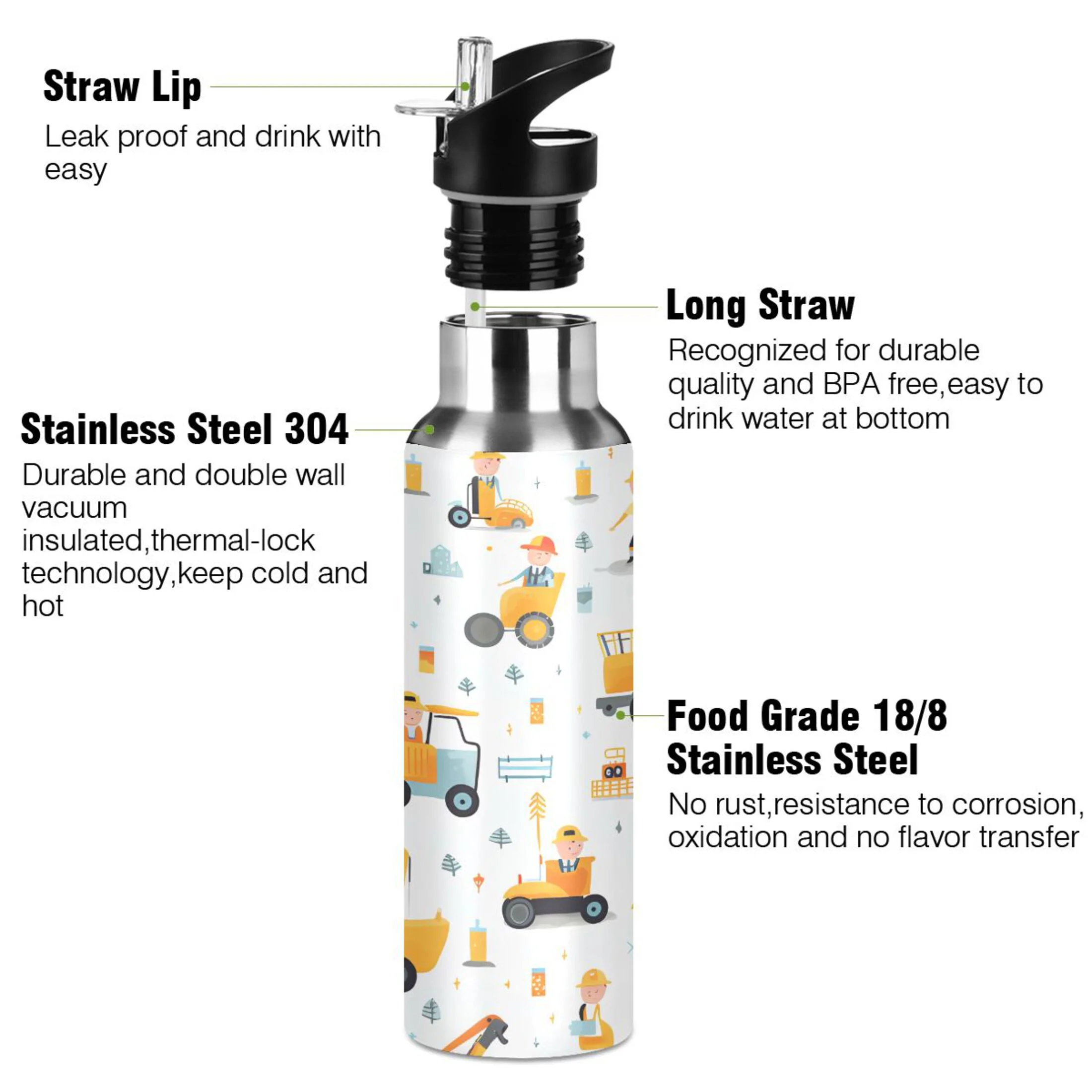 Water Bottle with Straw Lid Leak Cartoon Truck Excavator Engineer Stainless Steel Insulated Thermos Vacuum Flask for Cold Hot Drinking for Sports Camping Gym Yoga