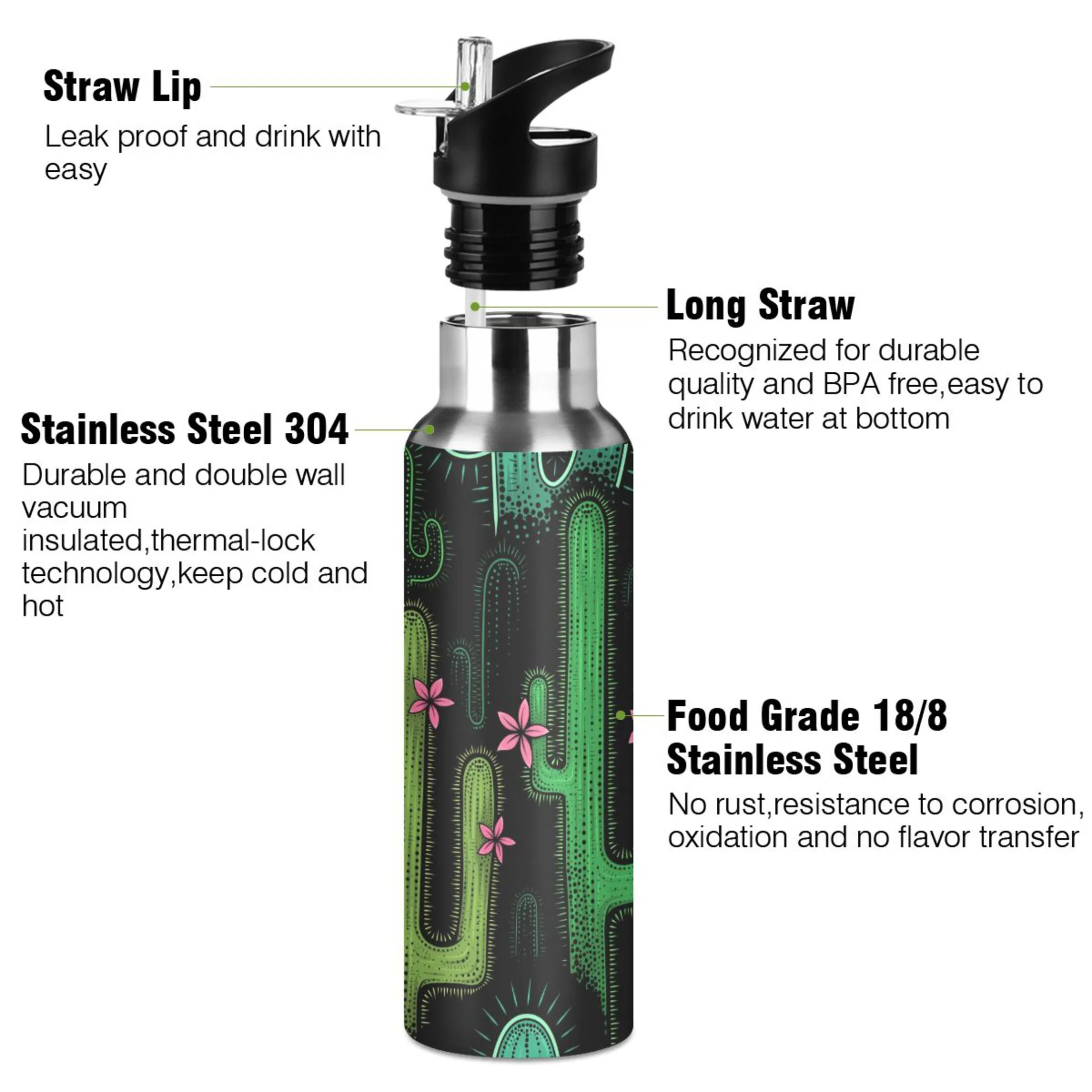 Stainless Steel Water Bottle Vector Green Western Cactus Pattern with Straw Lid Vacuum Insulated Leak Proof Flask Jug for Gym Travel Sports Cycling Outdoor 20 OZ