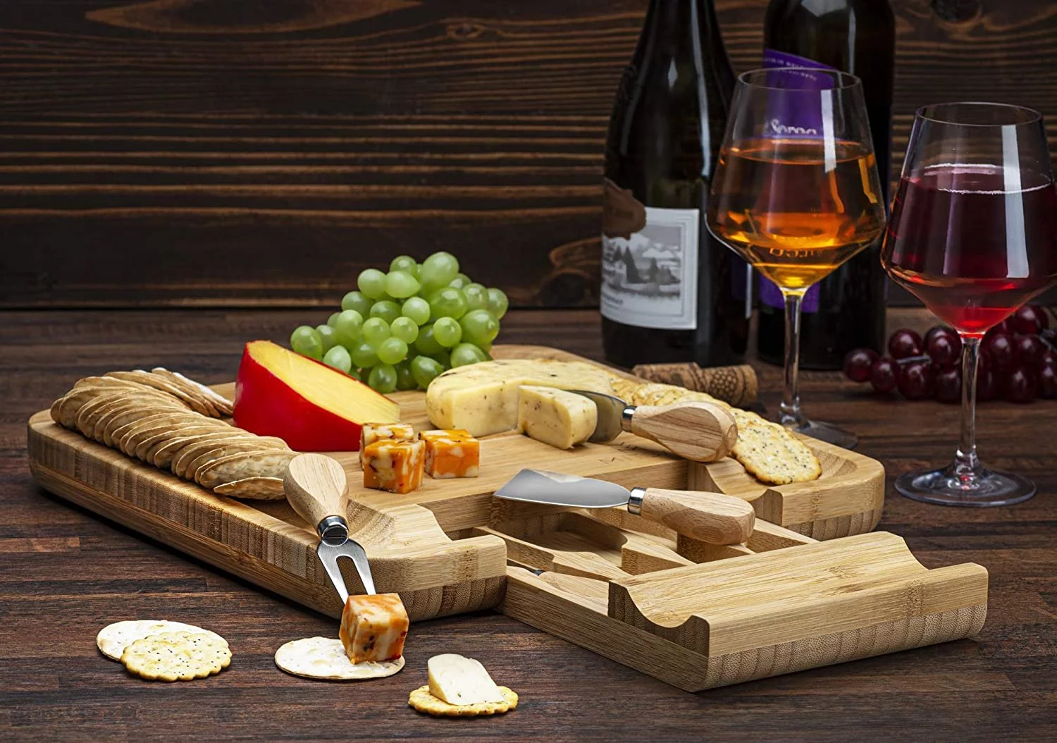 Mitbak Cheese Board Tray with 4 Cheese Knives | Bamboo Charcuterie Board Serving Tray | Cutting Board Platter Great Gift For Mothers Day, Anniversary, Bridal Shower, Wedding | 13 x 13 x 1 Inches