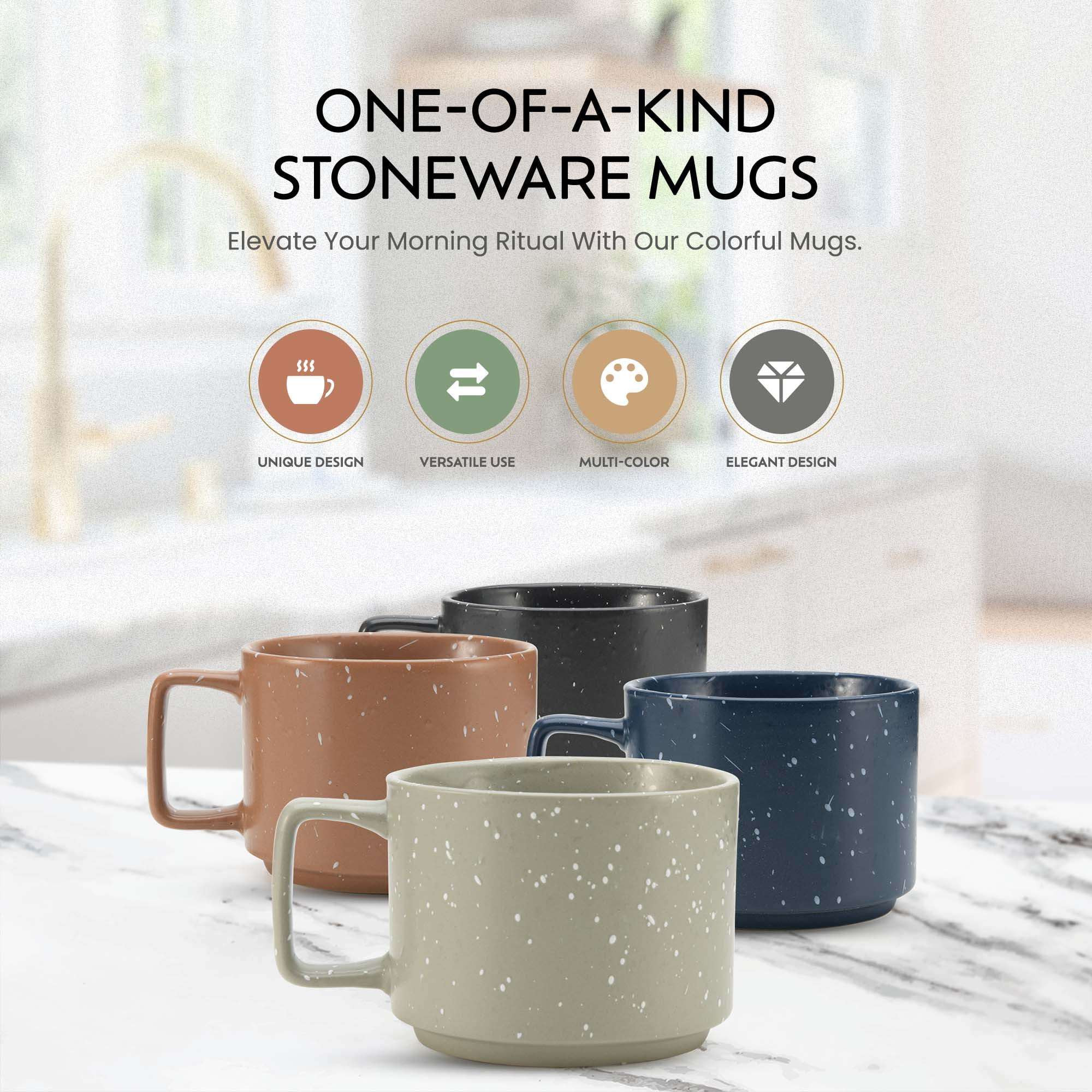 American Atelier Stackable Coffee Mugs 4 Set Stoneware, Multi-Colored, for Kitchen Countertop, (16-Ounce)