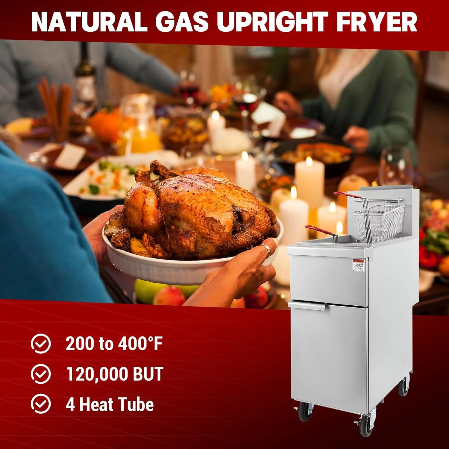 Chingoo Commercial Deep Fryer with 4 Tube Burners, Stainless Steel Gas Floor Fryer with 2 Baskets, 40LB Capacity for Restaurant Kitchen Food truck