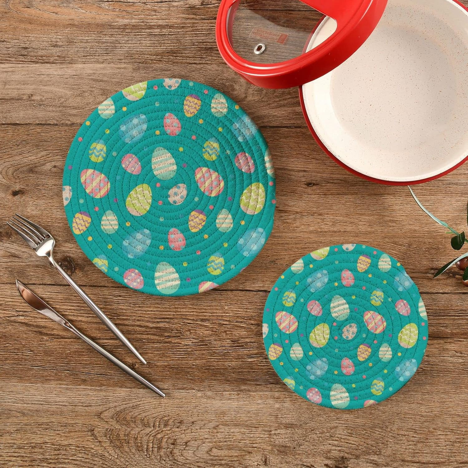 GZHJMY Easter Eggs Heat Resistant Trivets Potholders 2PCS, Round Cotton Weave Handmade Pot Holder, Non-Slip Hot Mats Kitchen Dining Plate Mat55 for Kitchen Pans Bowl Teapot