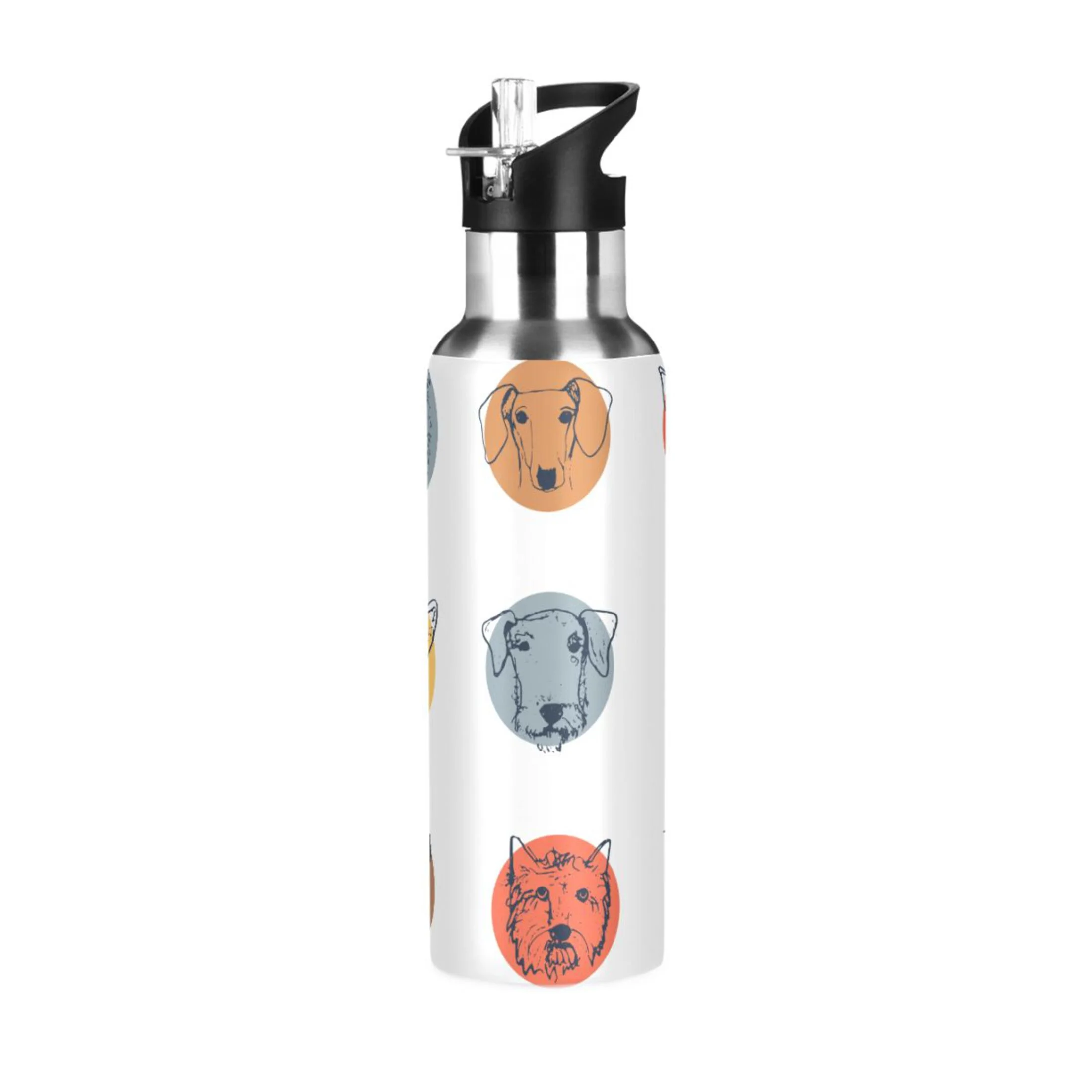 Water Bottle with Straw Lid Leak Cute Dogs Animal Stainless Steel Insulated Thermos Vacuum Flask for Cold Hot Drinking for Sports Camping Gym Yoga