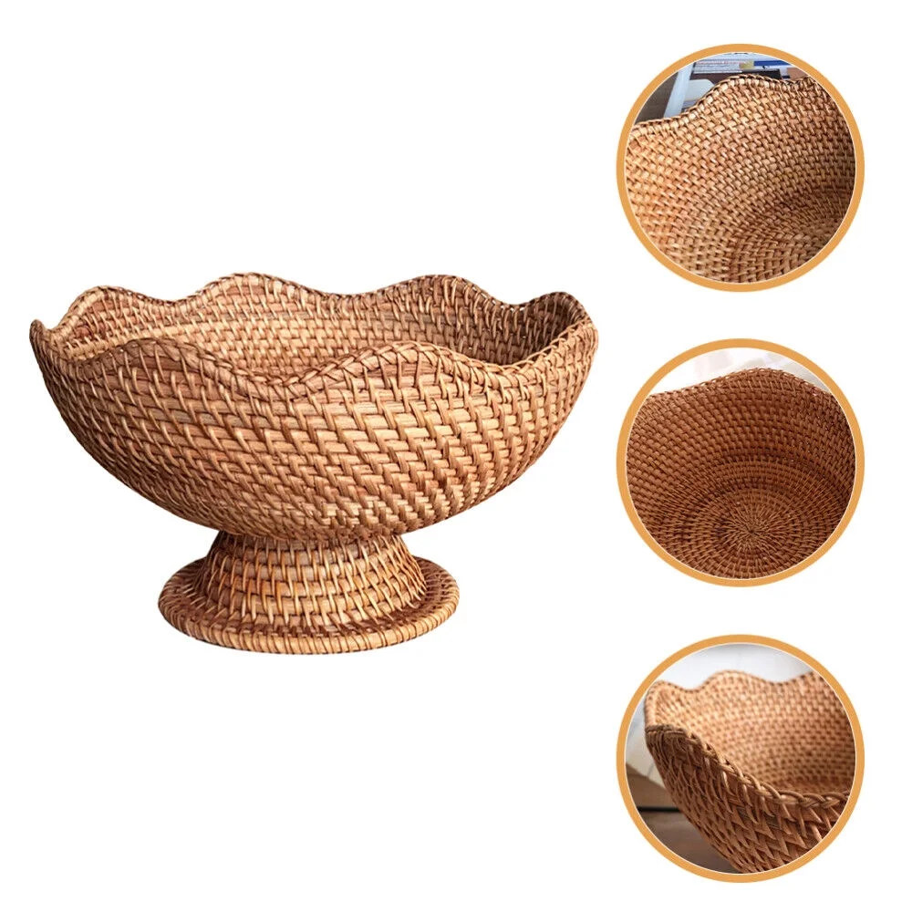 Rattan Fruit Plate Pedestal Display Basket Wicker Snack Trays
