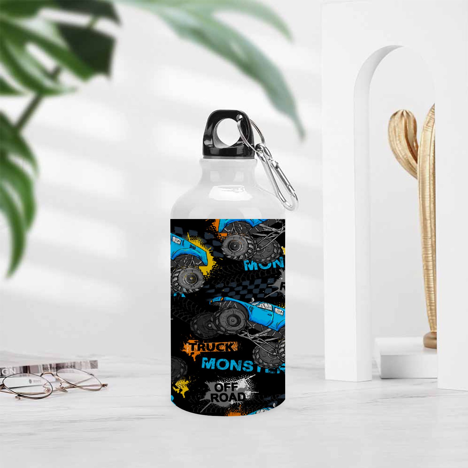 GZHJMY Sports Water Bottles, Cartoon Cool Blue Toy Car Large Capacity Aluminium Portable Leakproof Lightweight Drink Bottles for Fitness and Outdoor Enthusiasts