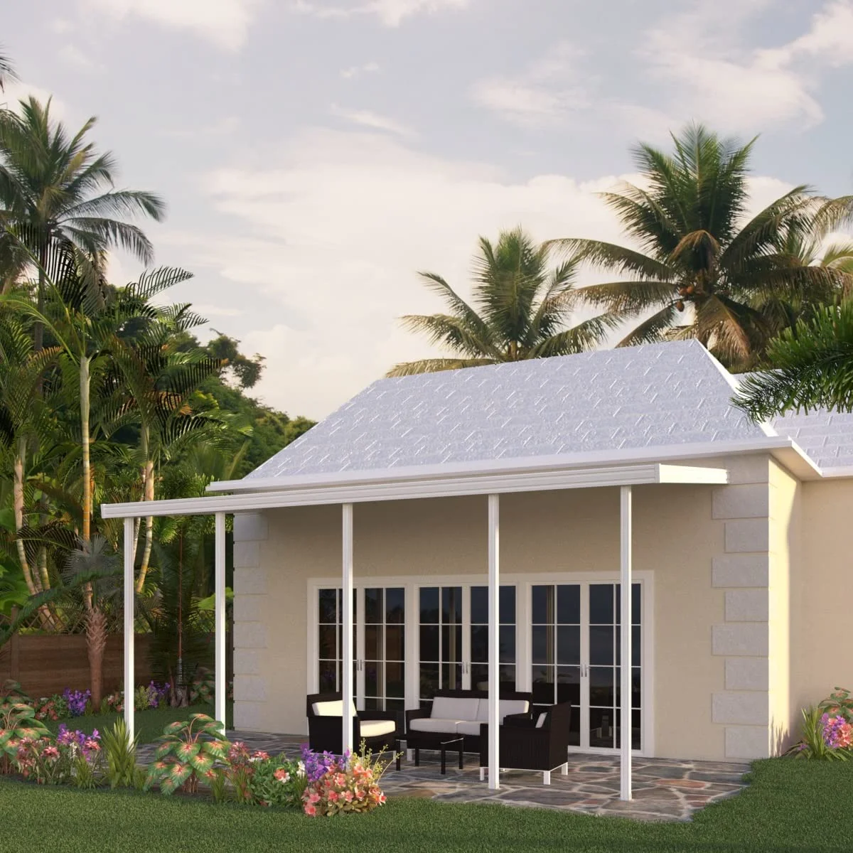 Four Seasons OLS TWV Series 28 ft wide x 12 ft deep Aluminum Patio Cover with 10lb Snowload & 5 Posts in White