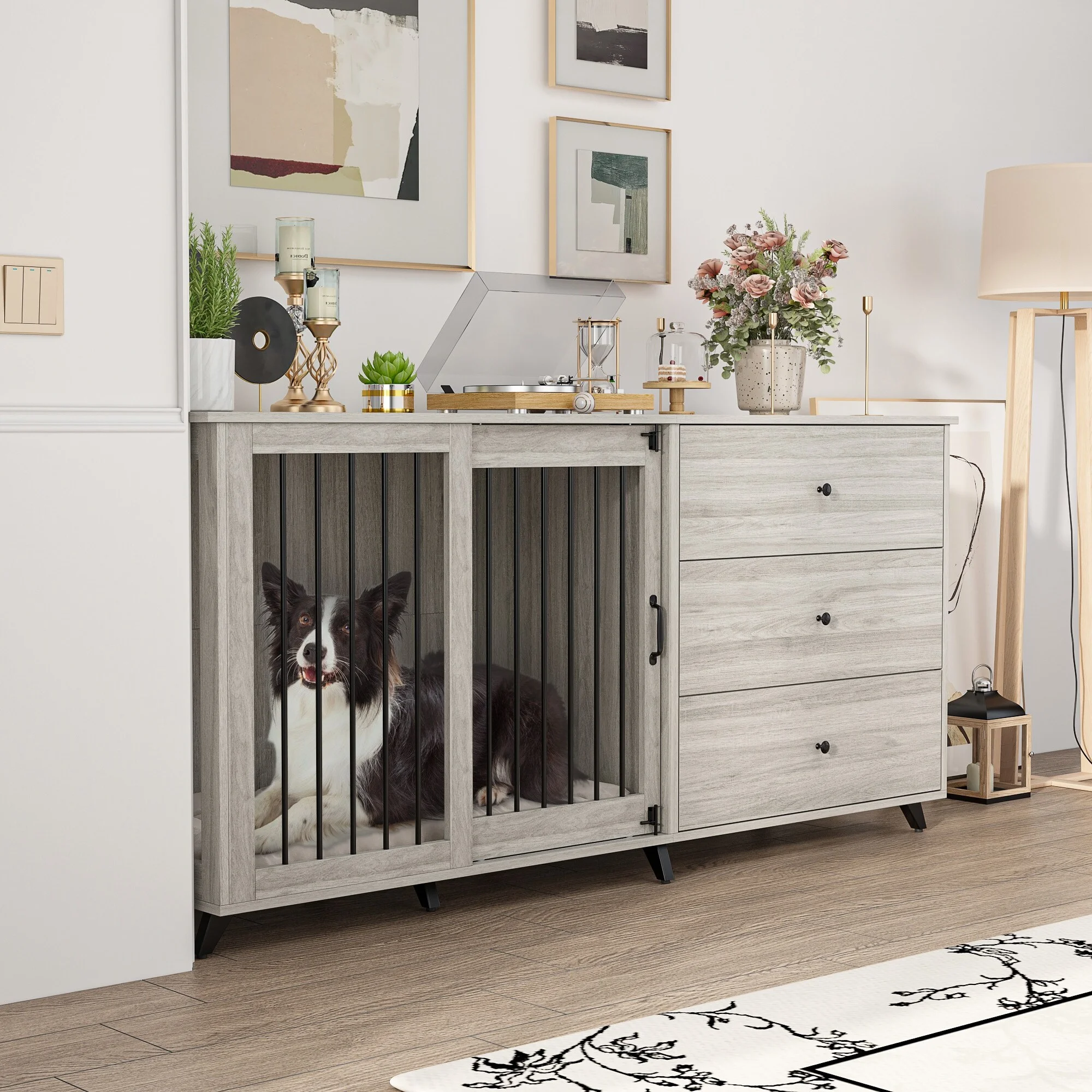 Large Dog Kennel with Drawers & Sliding door,Wood Dog House Furniture Grey