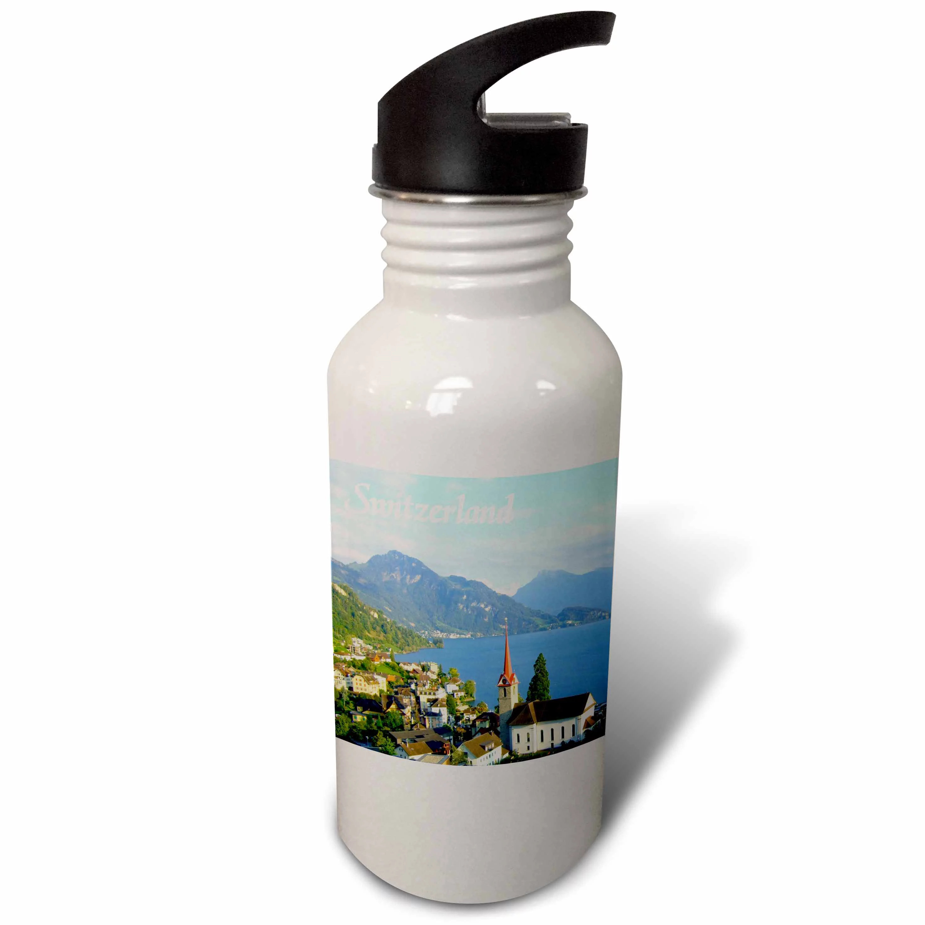 Switzerland tourist travel souvenir - Swiss landscape photo of pretty lake town Weggis near Lucerne 21 oz Sports Water Bottle wb-155661-1