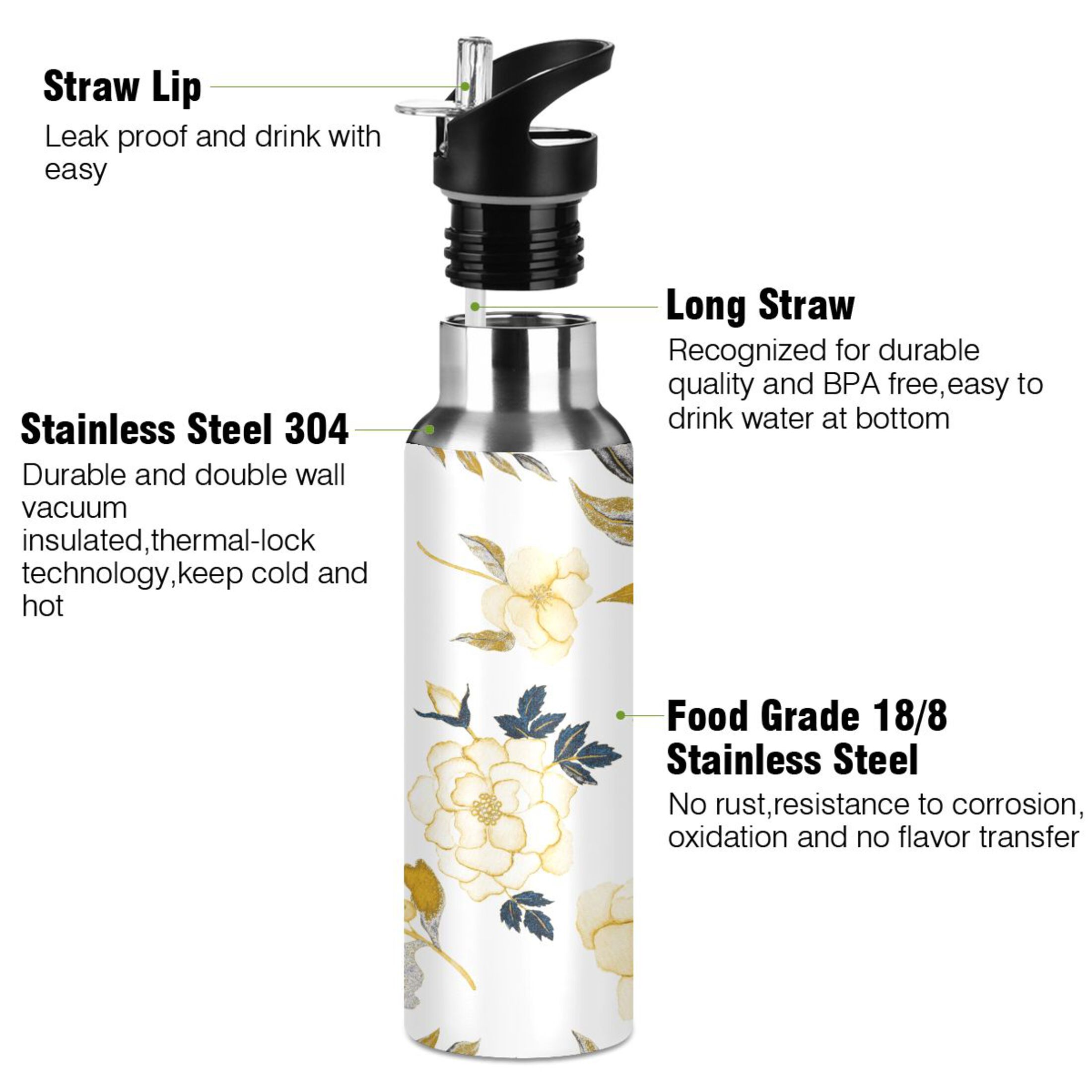 Water Bottle with Straw Lid Leak Yellow Flowers Golden Stainless Steel Insulated Thermos Vacuum Flask for Cold Hot Drinking for Sports Camping Gym Yoga