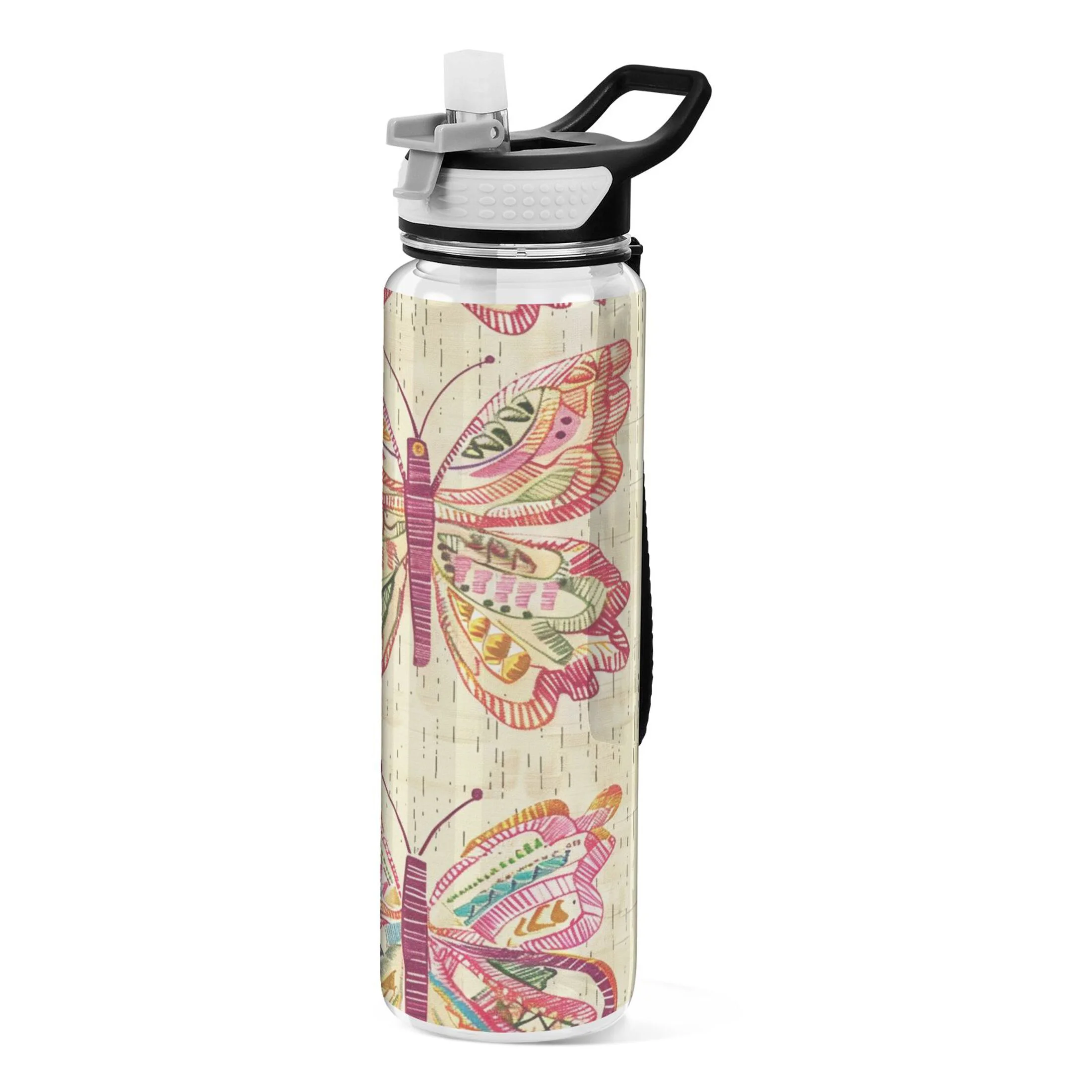 Butterfly Retro Style 32oz Sports Water Bottles Leakproof Tritan Bottle with Straw BPA Free Clear Bottle for Fitness Gym Outdoor Cycling