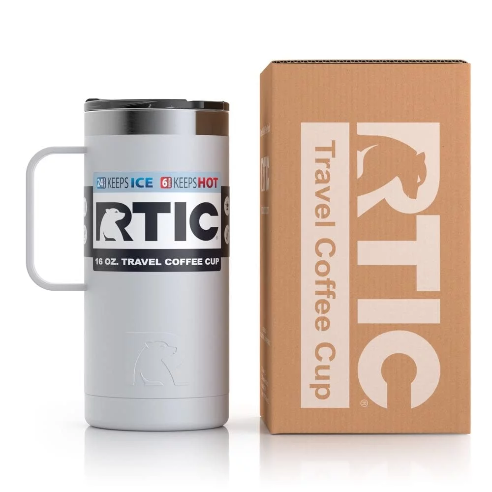 RTIC 16 OZ Stainless Steel Insulated Travel Mug, Splash-Proof Lid, White