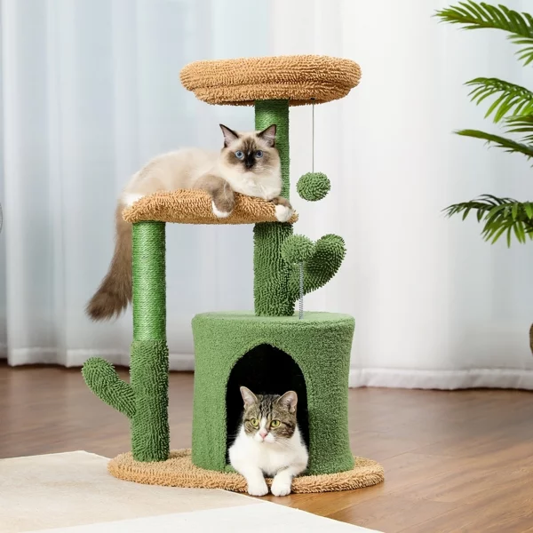 Fithood Cactus Cat Tree Cat Tower with Warmy Condo, Plush Perches, Sisal Scratching Post and Fluffy Balls for Small and Medium Cats