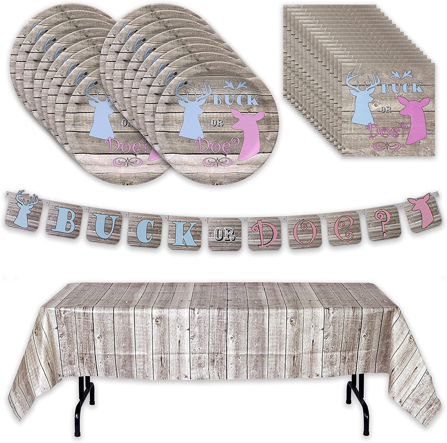 Buck or Doe? Gender Reveal Party Pack for 16 Guests; Including 16 ea. Lg. 9” Dinner Plates and Luncheon Napkins and a Decorative Hanging Banner and Lg. Table Cover