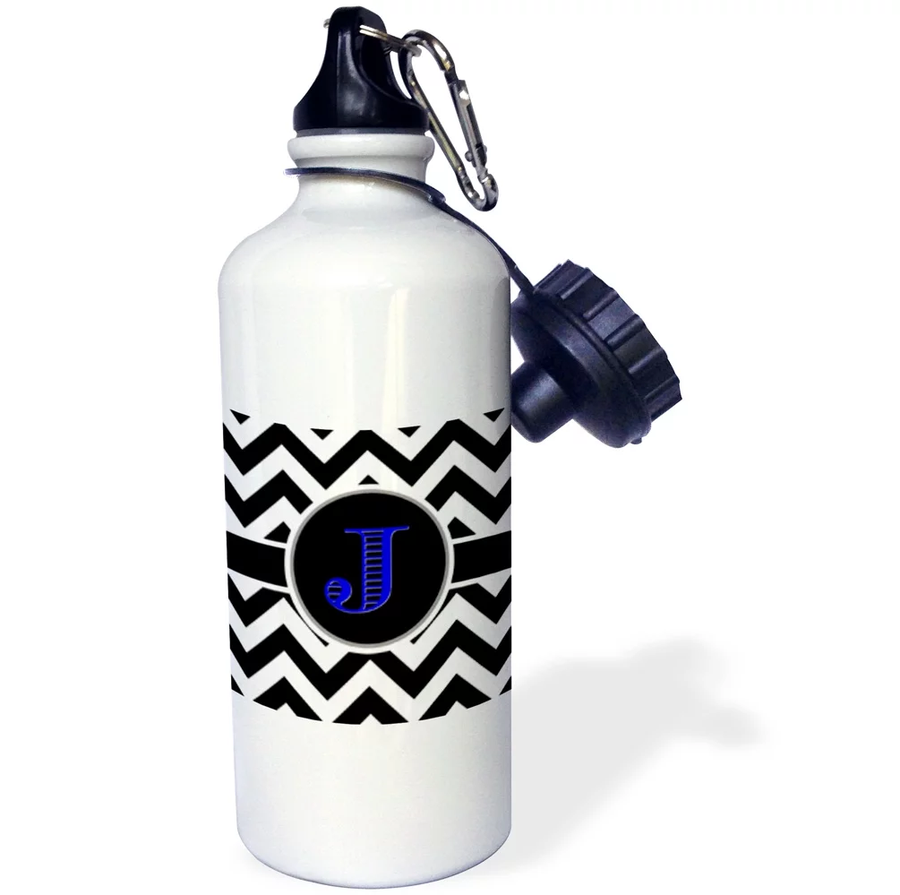 3dRose Black and white chevron monogram blue initial J - Water Bottle, 21-ounce