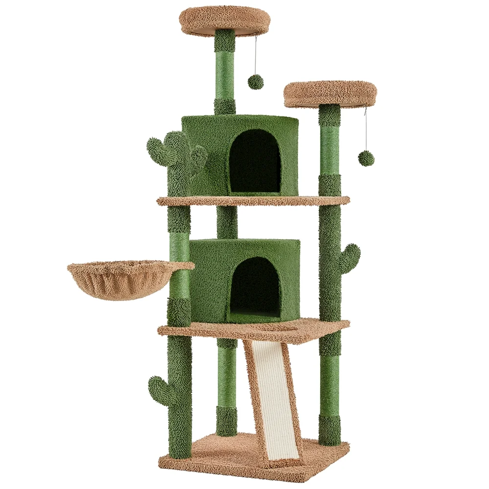 Alden Design 66″ H Multi-Level Cactus Cat Tree with Natural Sisal for Small/Medium Cats, Green/Brown