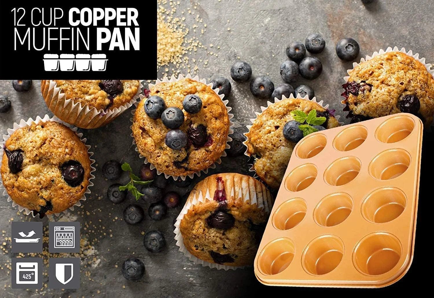 Copper Professional Healthy 12 Cup Cake and Muffins Baking Pan Sheet, Oven and Dishwasher Safe L