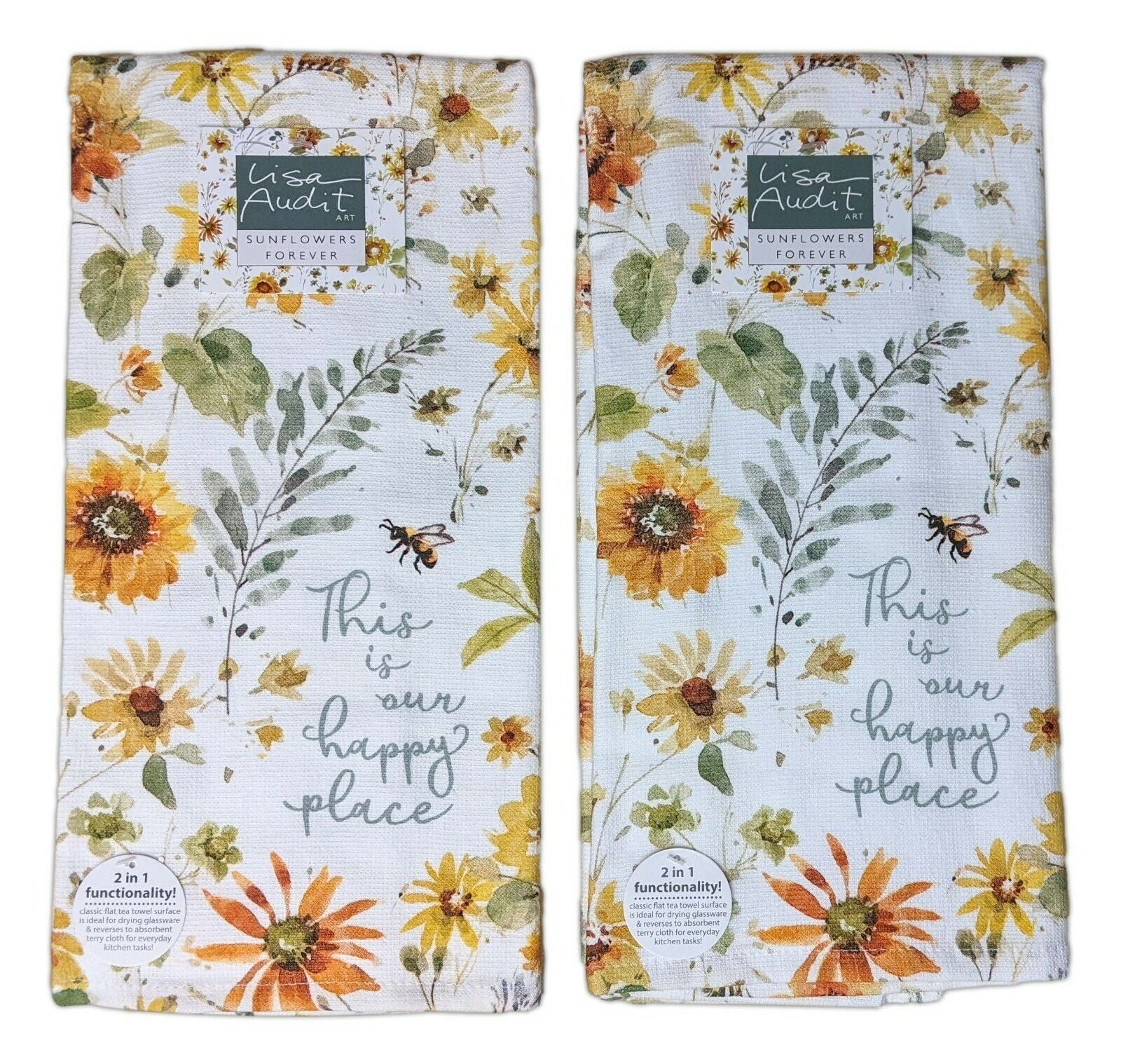 Set of 2 Sunflowers OUR HAPPY PLACE Terry Kitchen Towels by Kay Dee Designs