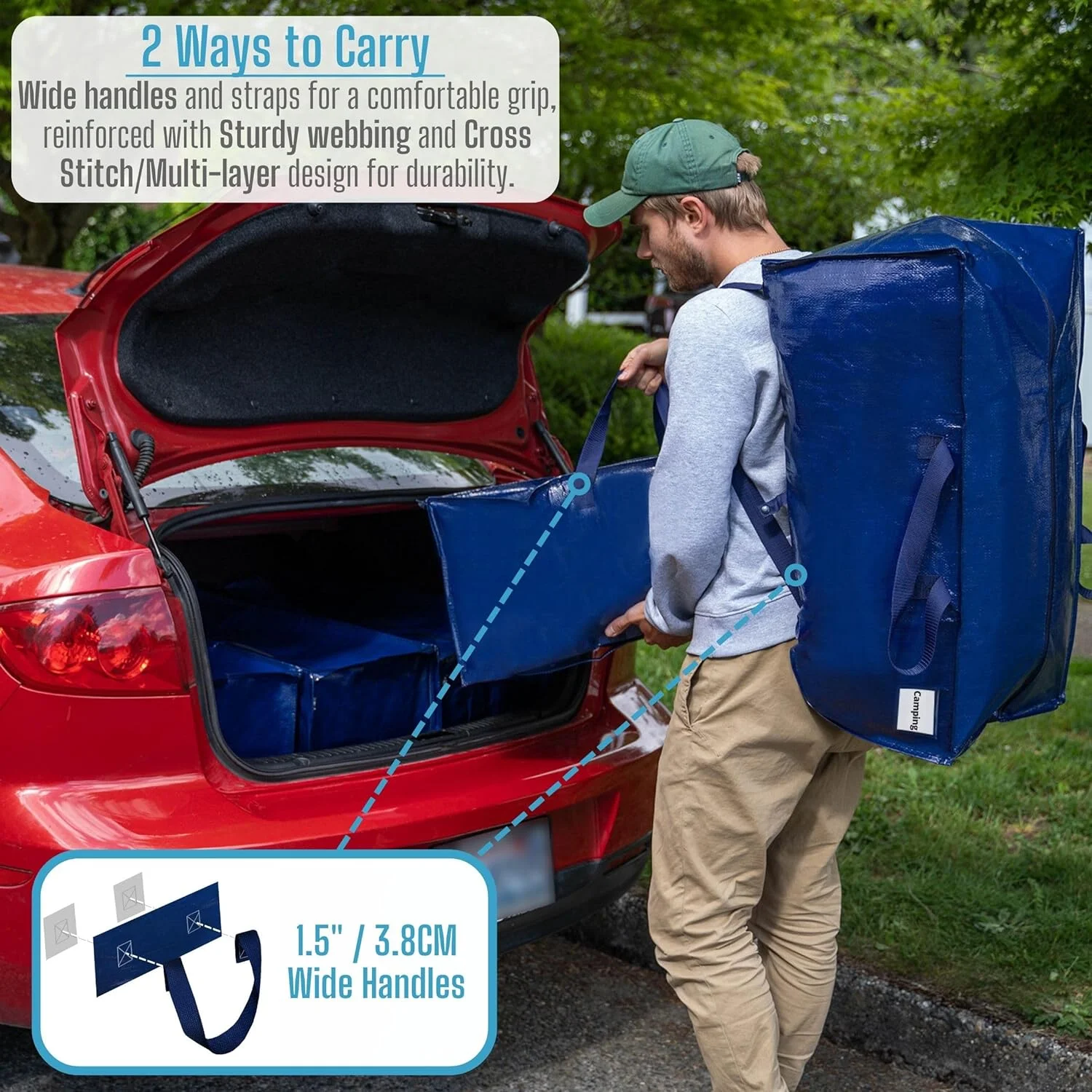 VENO 10 Pack Heavy Duty XL Foldable Moving Zipper Bag W/ Backpack Straps Alternative to Moving Box, Dorm Storage (Blue)