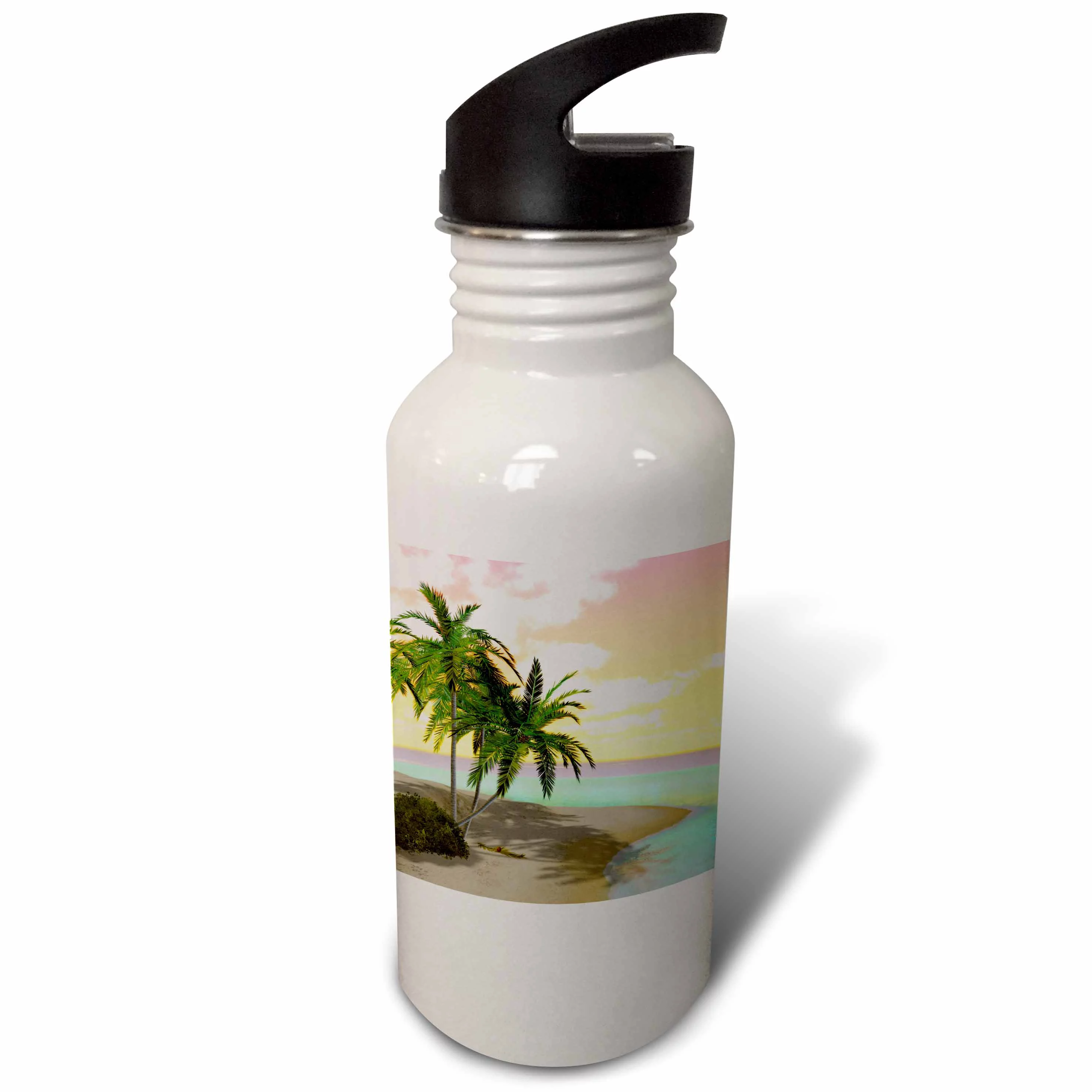 A colorful sunset island beach scene with palms 21 oz Sports Water Bottle wb-181698-1