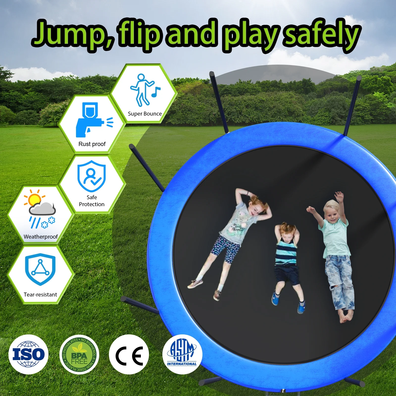 HEVAOTRY Kids Trampoline 10FT Round Trampoline with Basketball Hoop Safety Enclosure Net Ladder Padding-In Net