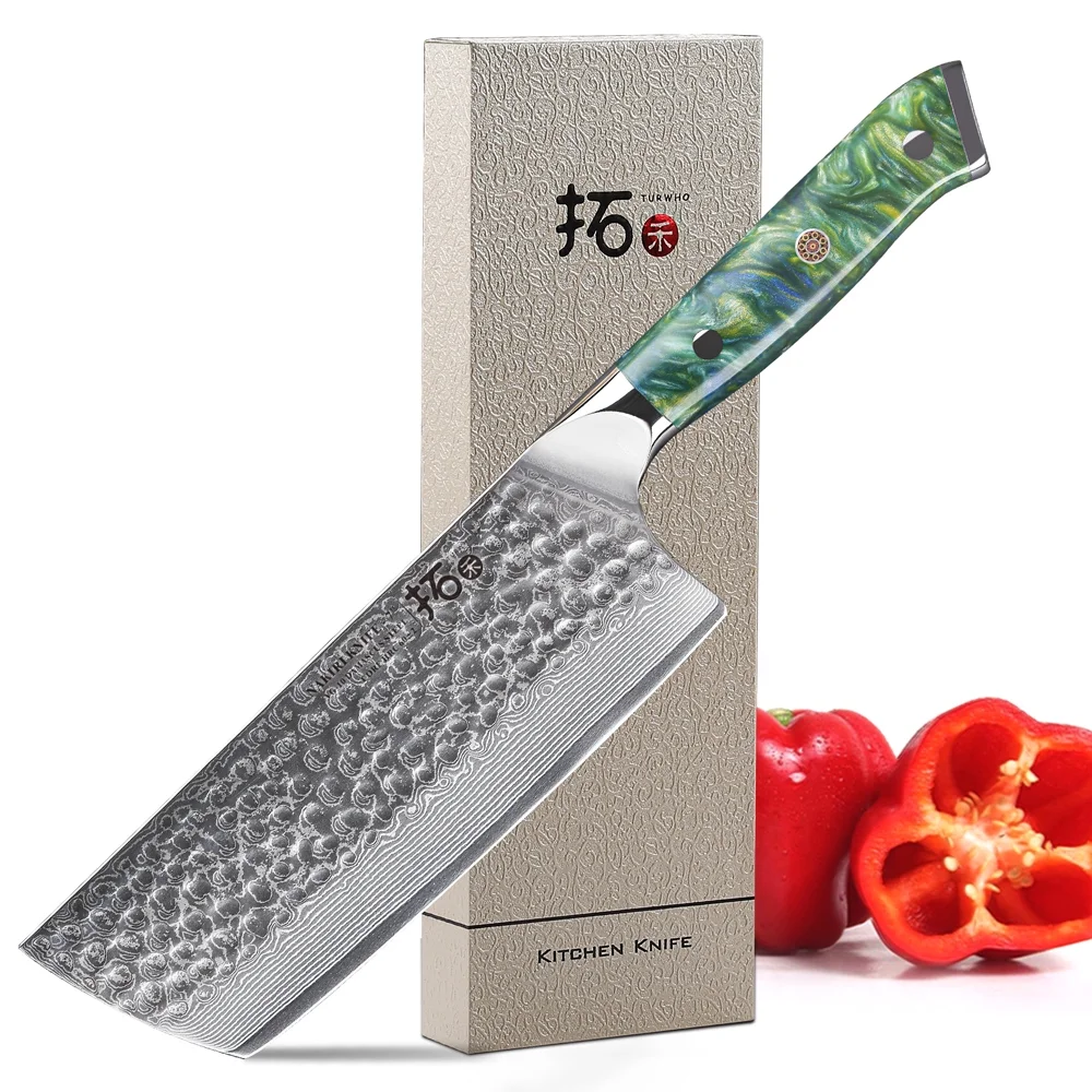 TURWHO 7inch Nakiri Knife Japanese VG10 Damascus Steel Chef Kitchen Knife With Green Resin Handle