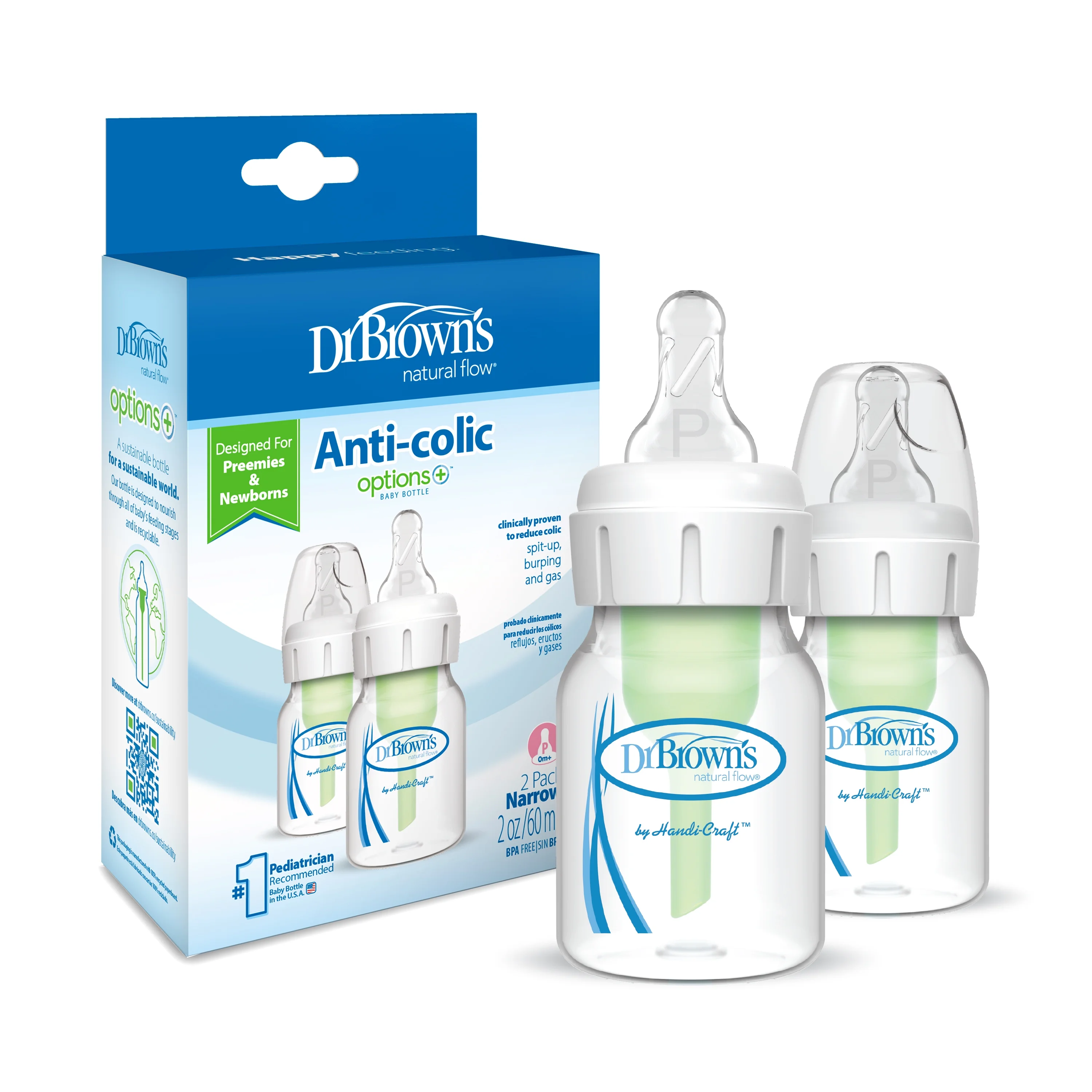 Dr. Brown’s Natural Flow Anti-Colic Narrow Baby Bottle, 2oz/60mL with Preemie Flow Nipple, 2-Pack, 0m+
