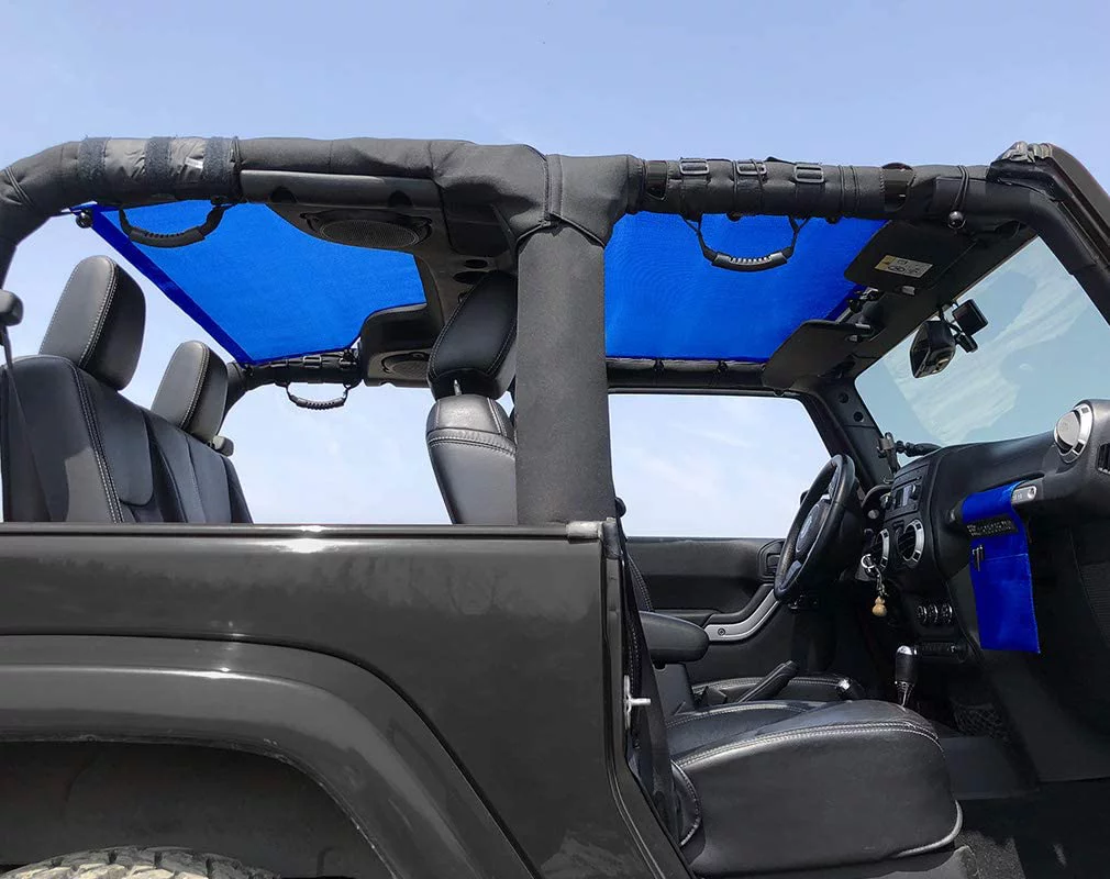 Shadeidea JK Top Sun Shade compatible with Jeep Wrangler Sunshade (2007-2018) 2 Door Front and Rear-Blue Mesh Screen Cover UV Blocker with Grab Bag - 10 Years Warranty