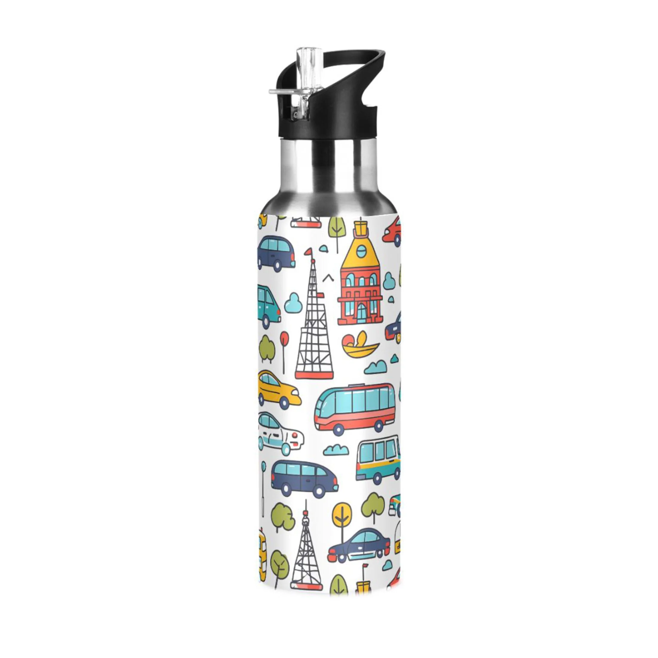 Cartoon Car and Building Water Bottles Insulated Thermos Kids Stainless Steel Bottle with Straw Lid Flask Leakproof for Sports Gym 20 oz