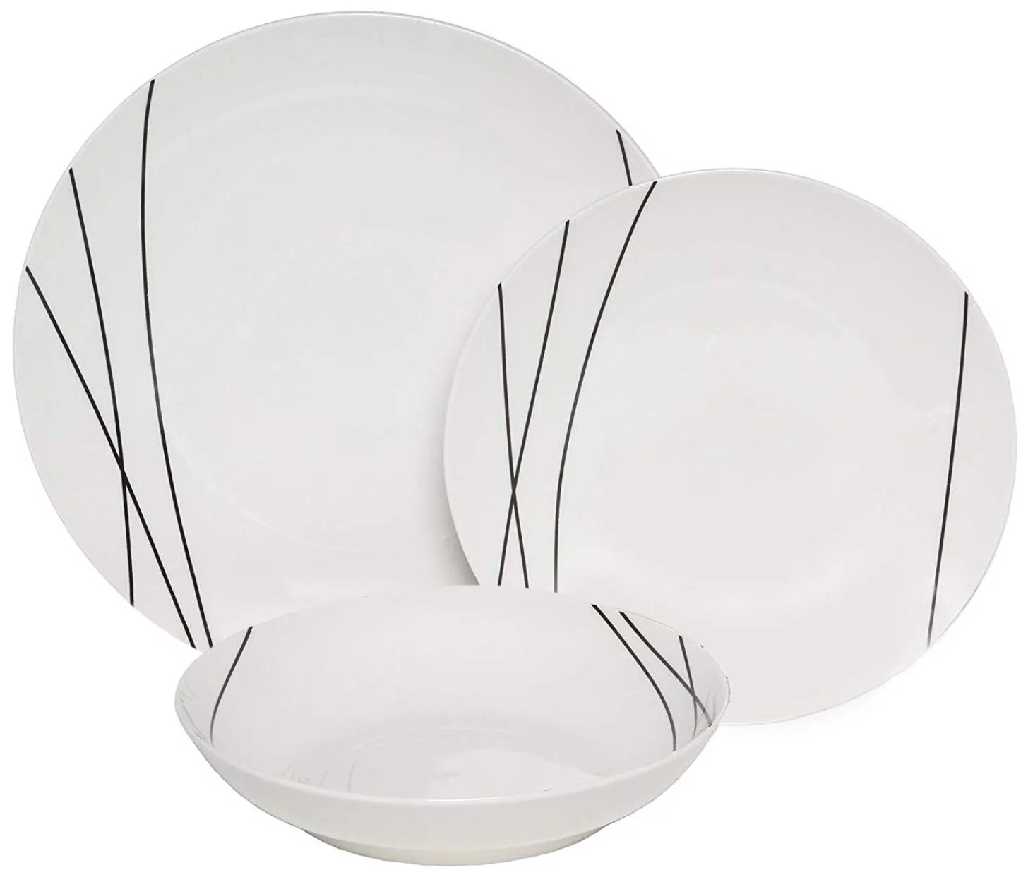 Melange Coupe 18 Piece Porcelain Dinnerware Set | Black Lines Collection | Service for 6 | Microwave, Dishwasher & Oven Safe | Dinner Plate, Salad Plate, Soup Bowl (6 Each)