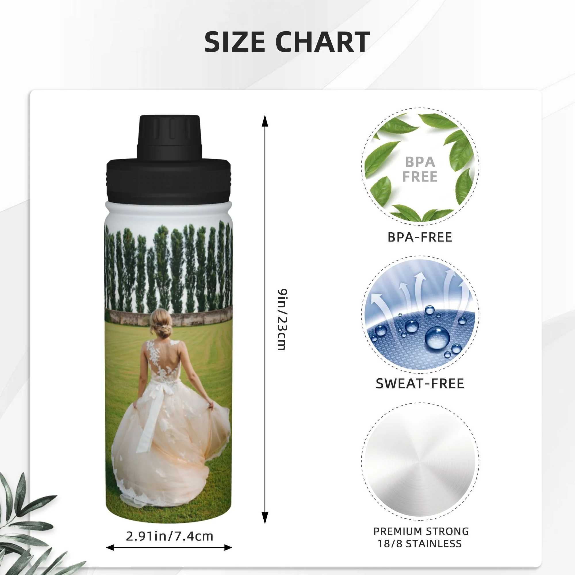 Personalized Custom Picture Sports Water Bottle, 18 oz, Hot & Cold Double Walled Insulated Thermos.