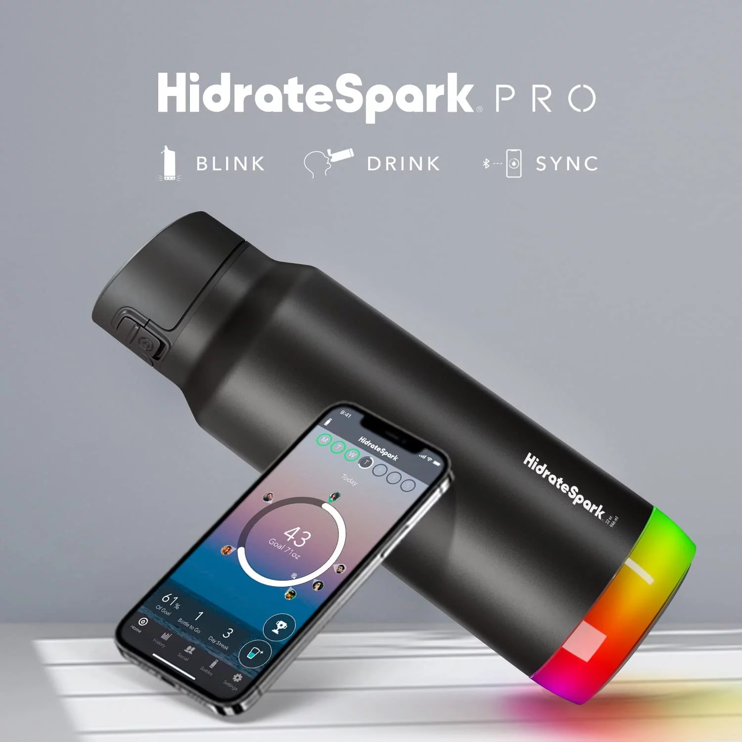 HidrateSpark PRO 32oz. Insulated Stainless Steel Bluetooth Smart Water Bottle with Chug Lid & Free Hydration Tracker App - Black