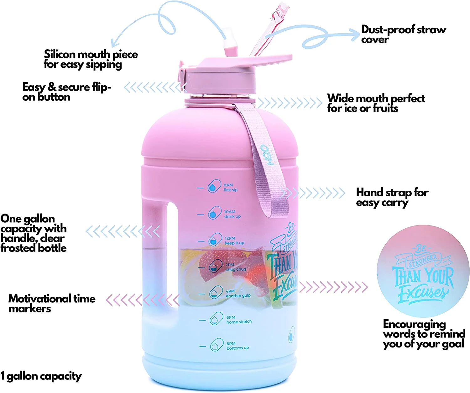 H2O Capsule INSPO Gallon Water Bottle with Time Marker and Straw Motivational Hydration Tracker Jug for Daily Intake Big BPA-Free FoodSafe Leakproof Drinking Bottle with Handle & Strap, Rainy Ashville