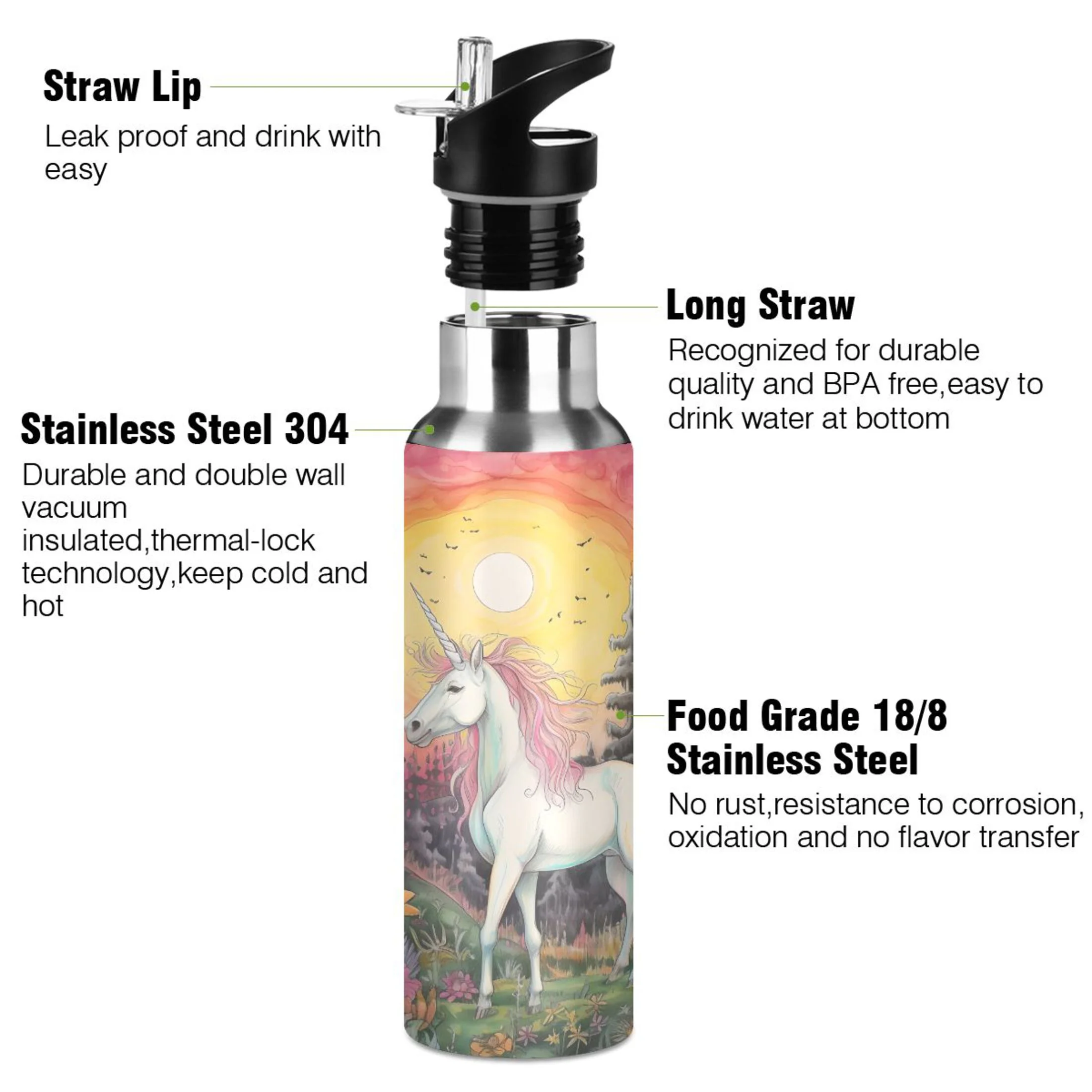 Water Bottle with Straw Lid Leak Horse in Foresr Stainless Steel Insulated Thermos Vacuum Flask for Cold Hot Drinking for Sports Camping Gym Yoga