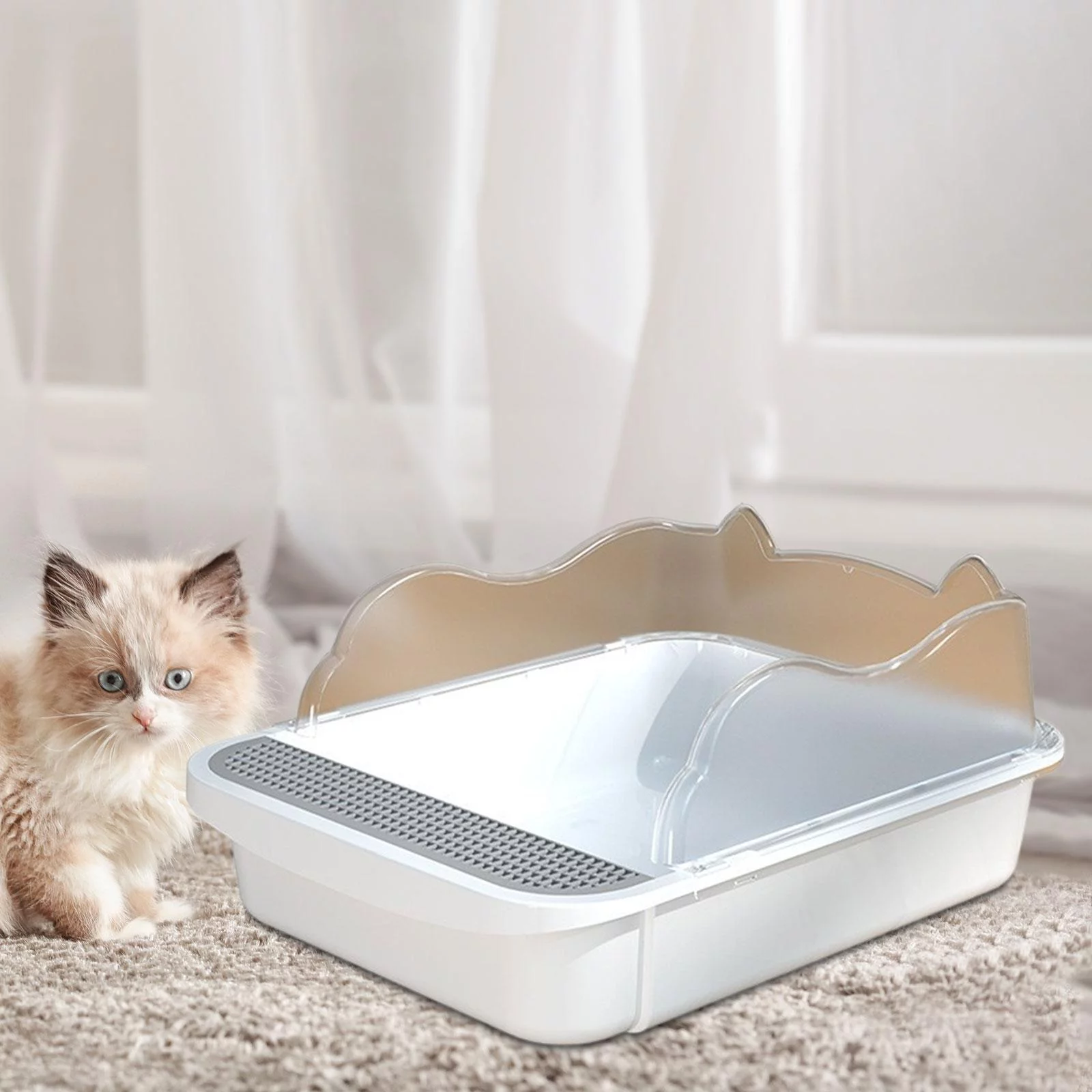 Cat Kitty Litter Pan, Open Top Pet Litter Tray, Cat Bedpan, Cat Sandbox, Semi Closed Cat Sand Basin, Splashproof Cat Toilet L