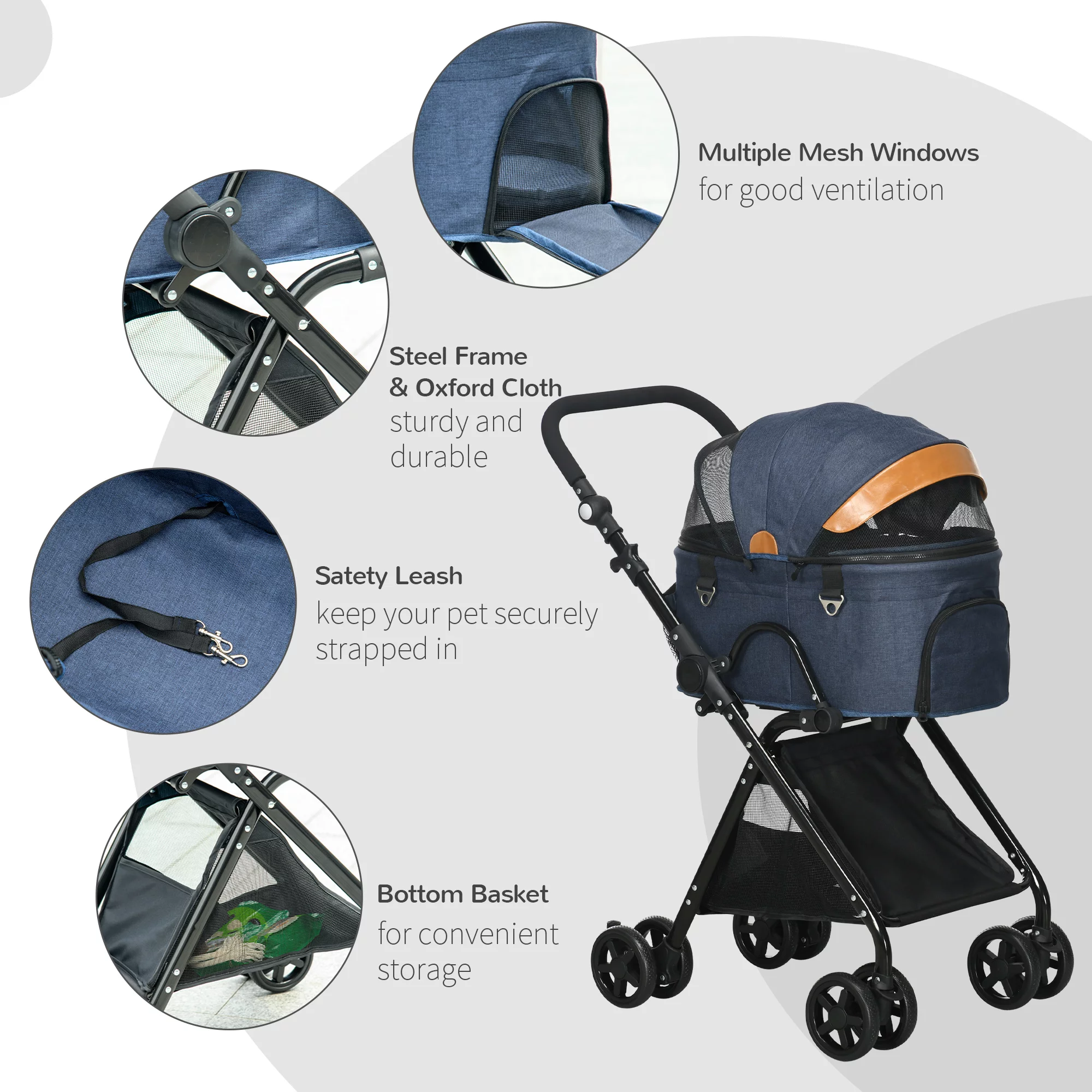 PawHut 2 in1 Foldable Pet Stroller and Detachable Travel Carriage with Lockable Wheels, Adjustable Handlebar Canopy and Zippered Mesh Window Blue