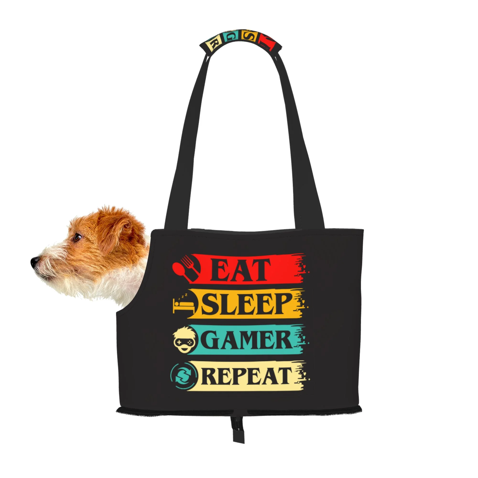 TEQUAN Foldable Dog Purse Carrier, Collapsible Eat Sleep Gamer Repeat Gaming Prints Pet Travel Tote Bag for Small Cat Puppy, Waterproof Dog Soft-Sided Carriers