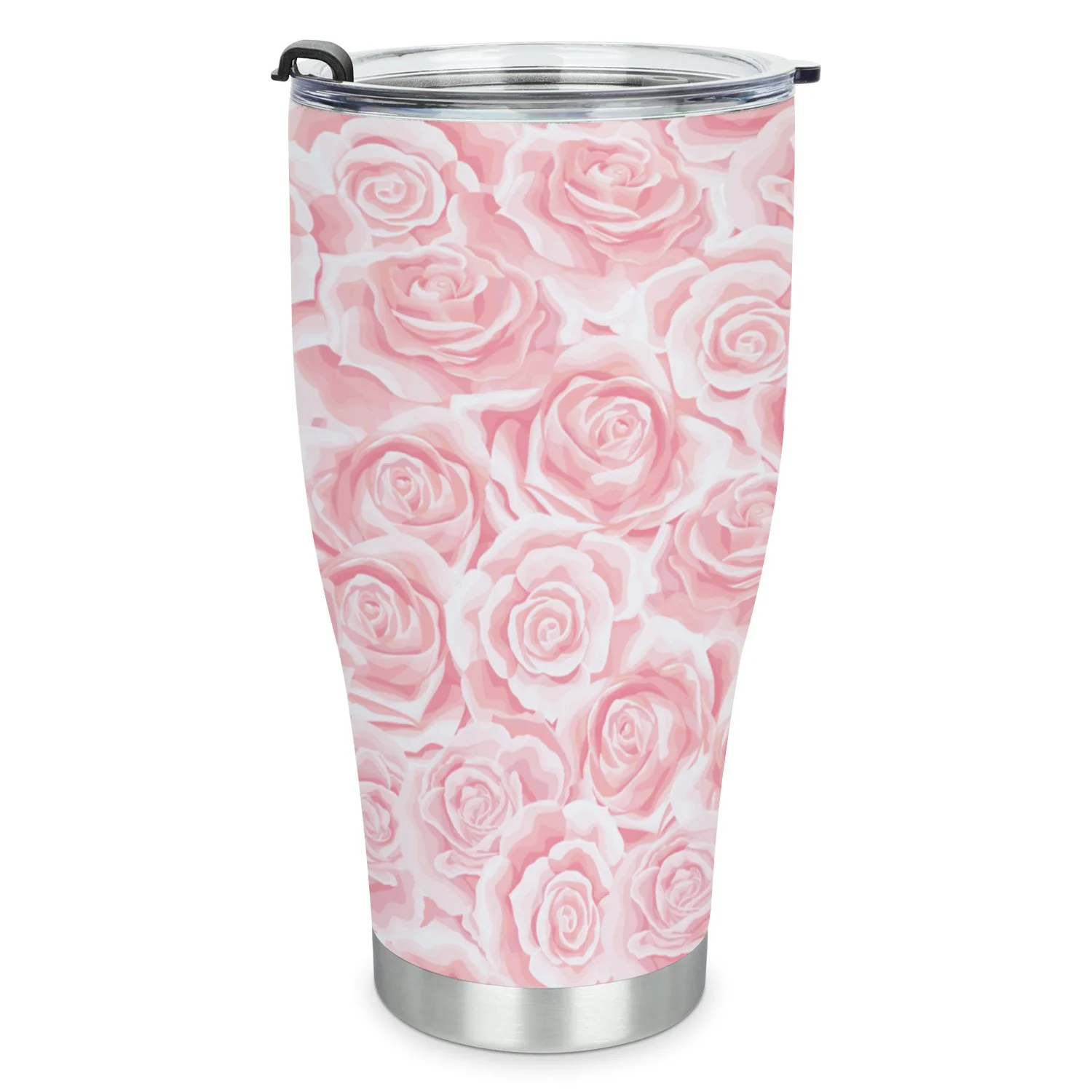 Hidove Stainless Steel Tumbler, Cream Pink Rose Flower Seamless Pattern 30oz Leak Proof & Stainless Steel Bottle for Hot & Cold Drinks - Coffee Travel Mug, Water Metal Canteen, Thermal Cup