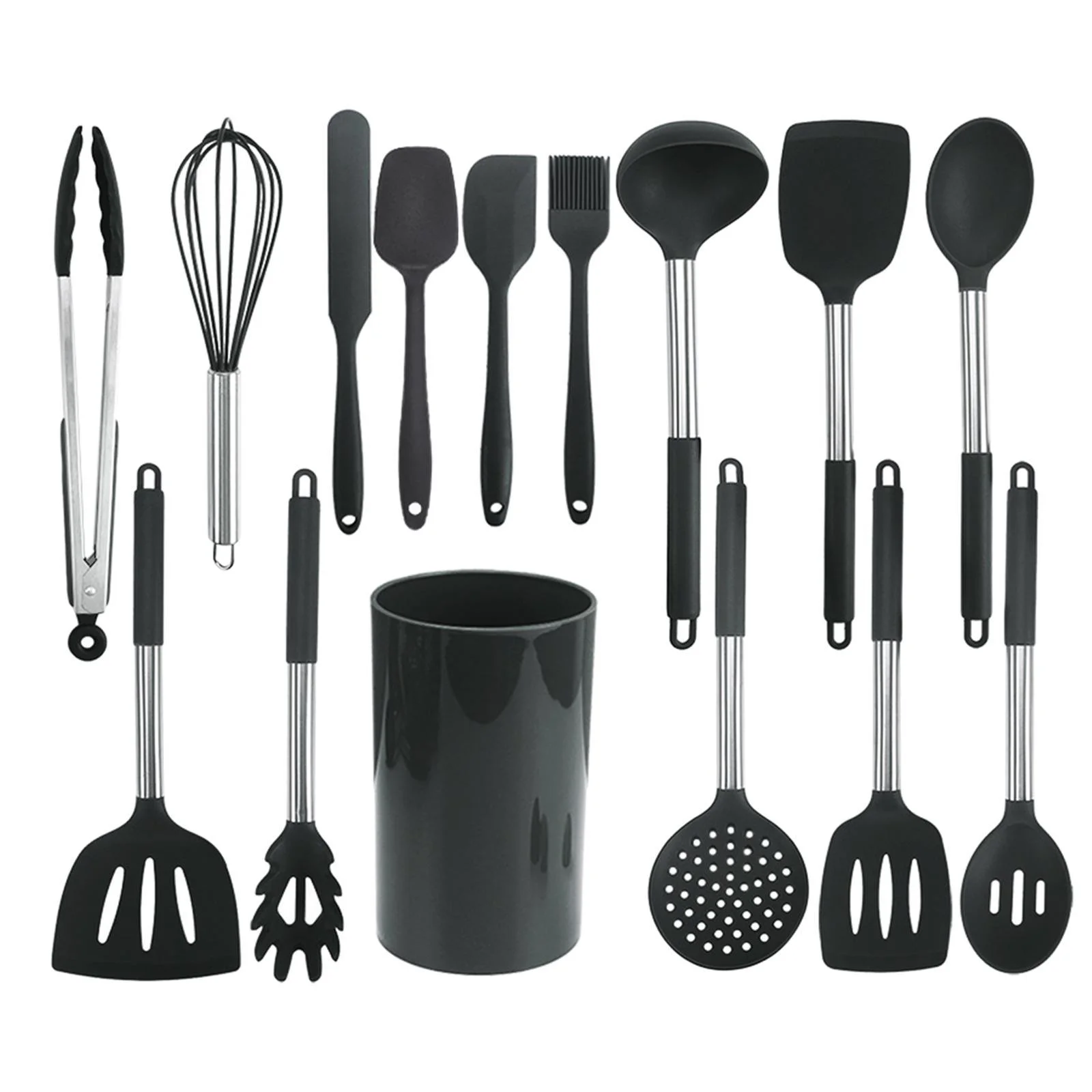 15x Stainless Steel Cooking Utensils Heat Resistant with Holder Nonstick Kitchen Utensils Set Kitchen Tools for Barbecue Cooking Accessories Black