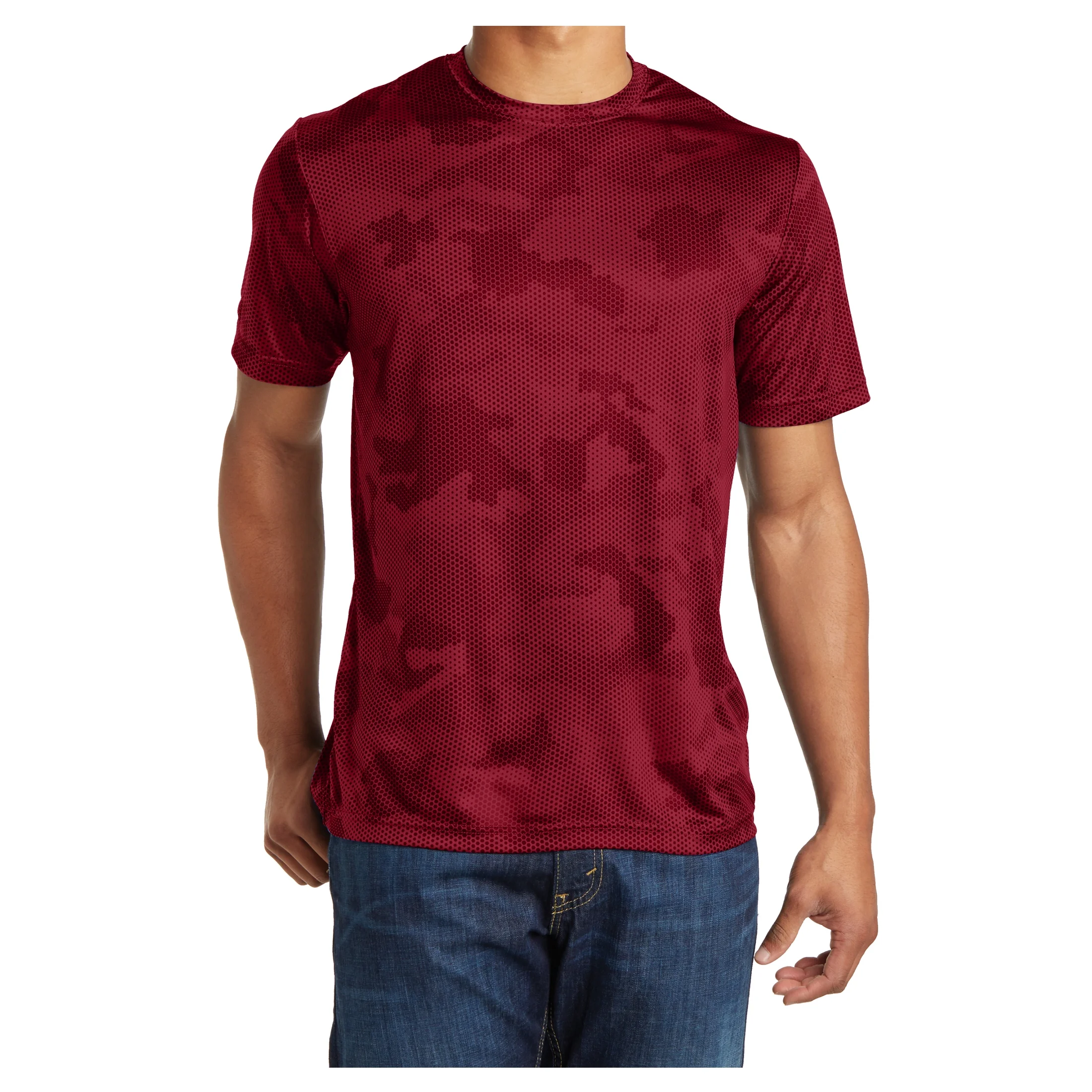 Mens Moisture Wicking CamoHex Polyester T-Shirt Deep Red XS