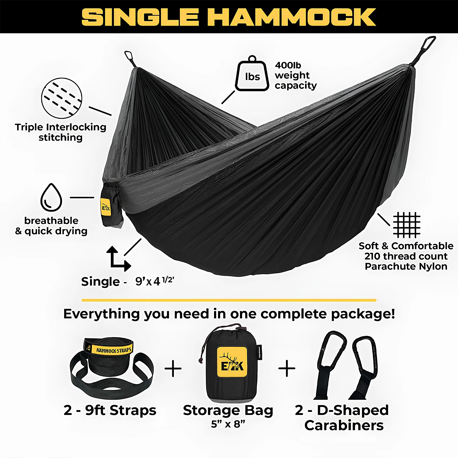 ELK Single Person Hammock with Tree Straps - Lightweight Parachute Nylon for Outdoor Adventures (Black/Gray)