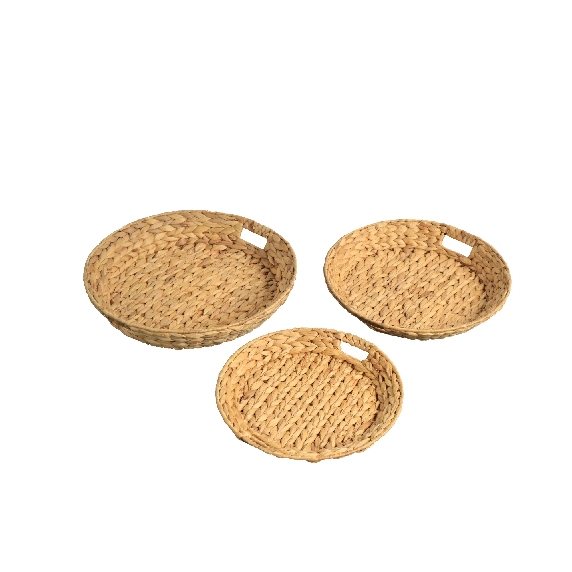 Eden Grace Set of 3 Hand Woven Tapered Round Wicker Serving Trays, Arrow Weave Design with Handles, Tea Tray, Fruit Basket for Coffee Table and Breakfasts