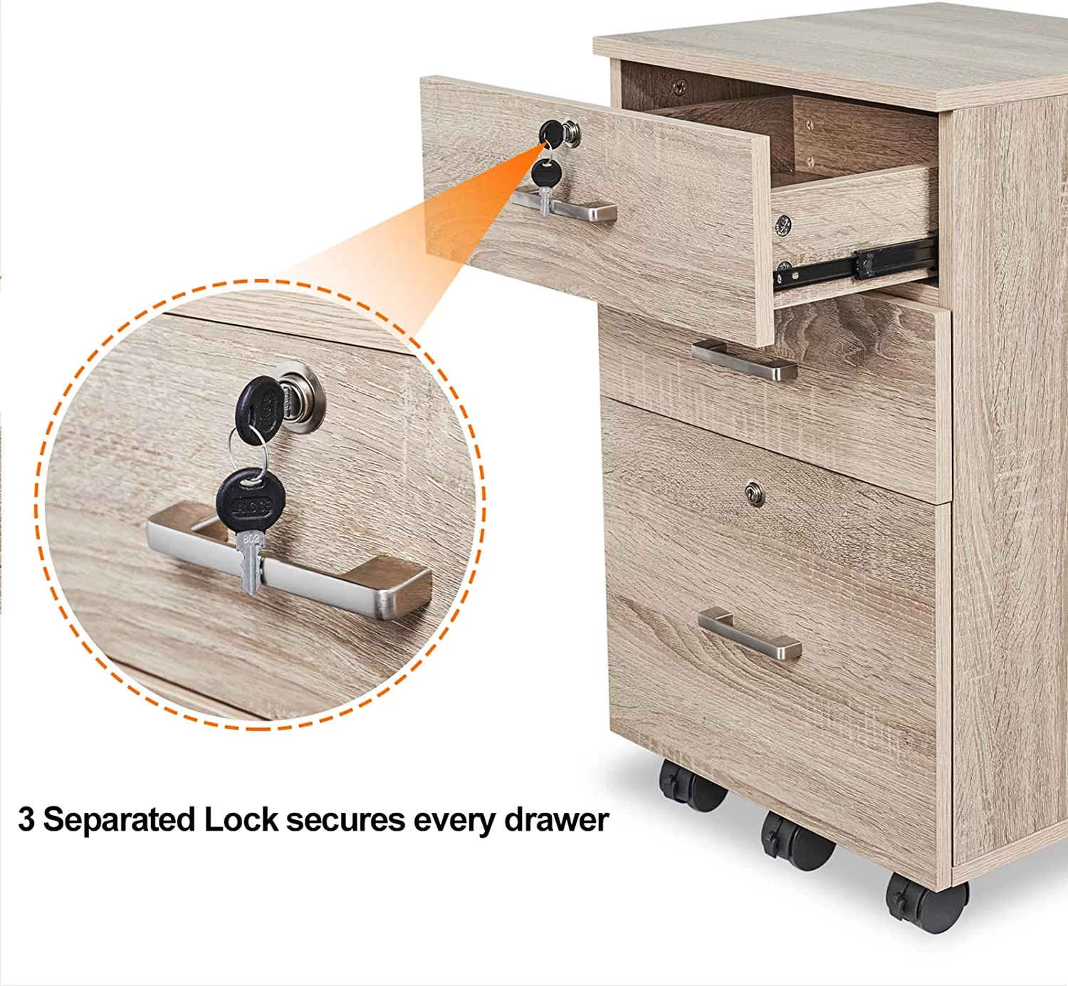 VINGLI 3 Drawer File Cabinet with Lock, Rolling File Cabinet Under Desk, 15.7” W x 15.7” D x 26” H