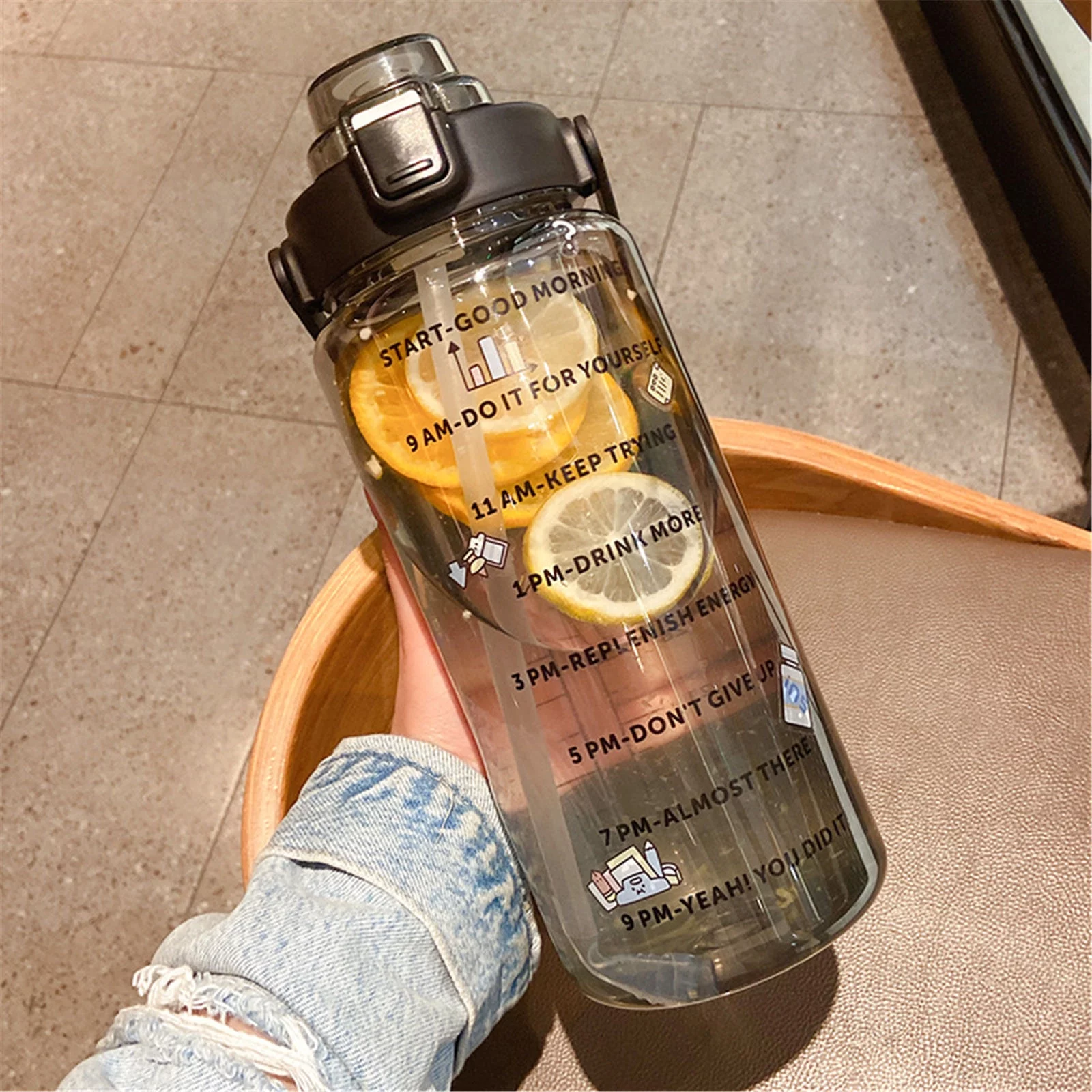 2L Sports Straw Water Bottle With Stickers Portable Large Capacity Fitness